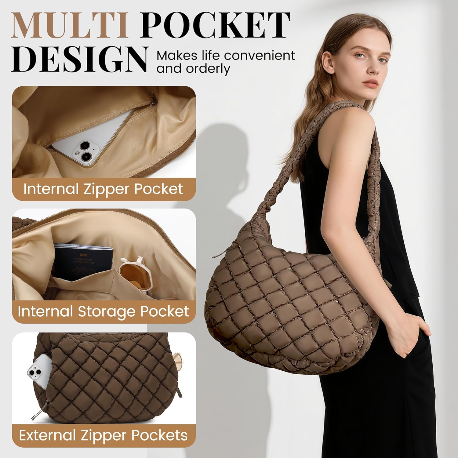 Tote Bag for Women, Large Puffer Bag and Work Bags with Zipper, Quilted Tote Bag for Travel, Daily, Work, Gym, Beach - Image 6