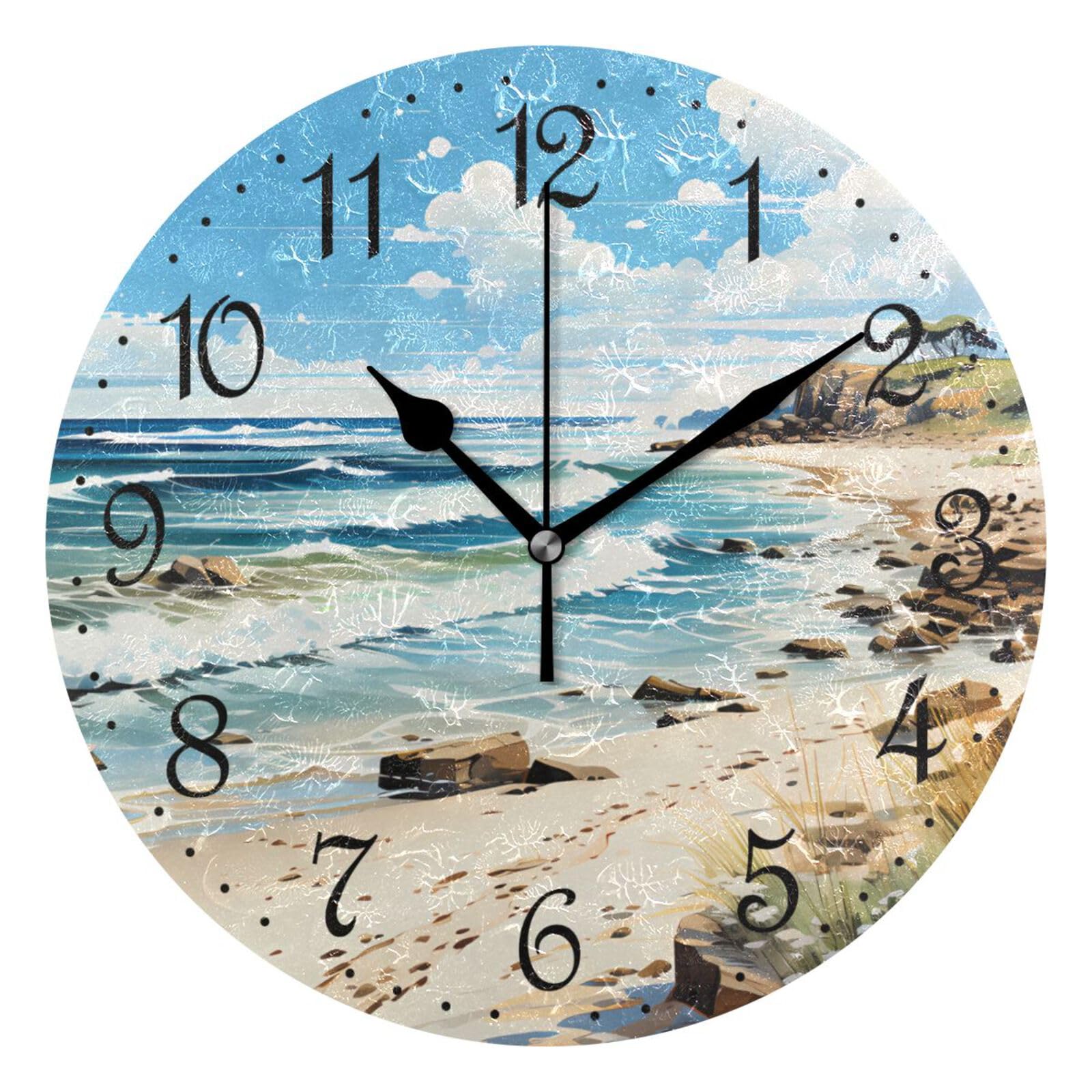 Mnsruu Wall Clock Watercolor Beach Sea, Silent Non-Ticking Decorative Wall Clocks Battery Operated 25x25cm