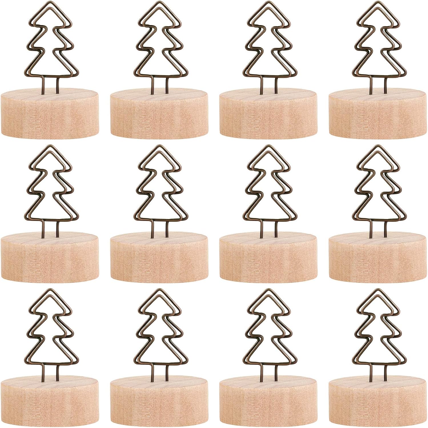 ADXCO 12 Pack Christmas Party Decoration Card Holders Wooden Base Card Holders Rustic Iron Wire Picture Picks Clip Holder Picture Memo Note Photo Clip for Wedding Office Christmas Table Decorations: Kitchen & Dining