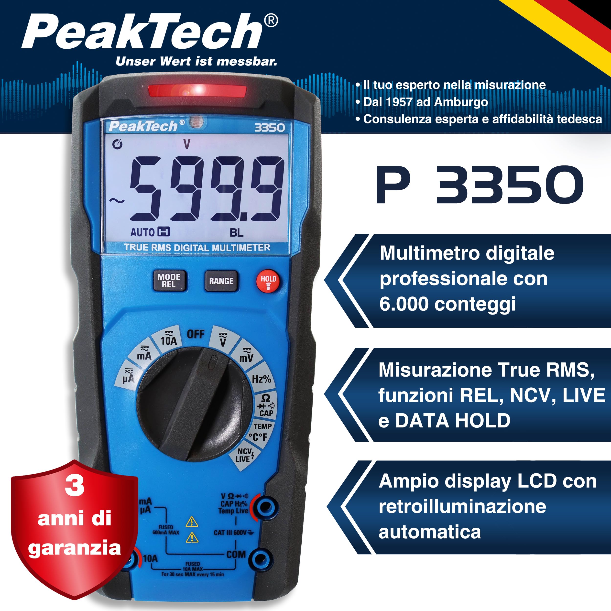 PeakTech 3350 - True RMS Multimeter mit Digital Anzeige Strommessgerät mit 6000 Counts Profi-Messgerät für Elektriker 10A AC/DC - CAT III 600V, automatische Bereichswahl