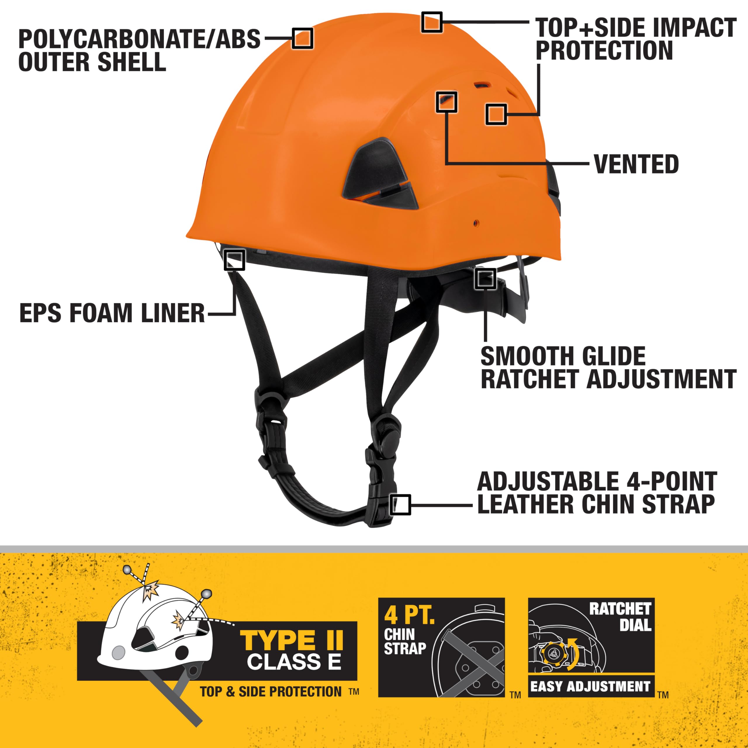 DEWALT DPG22V Casque de sécurité à cliquet ventilé Orange Type II Classe C 4 Points