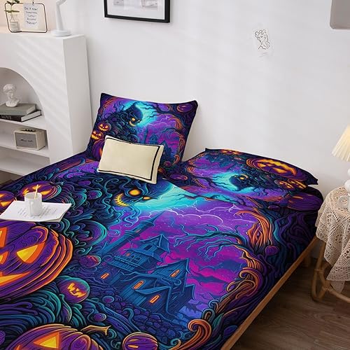 Miniatura 189 de Sábanas de Halloween tamaño individual – Juego de sábanas espeluznantes de calabaza murciélago para niños y niñas, juego de sábanas temáticas