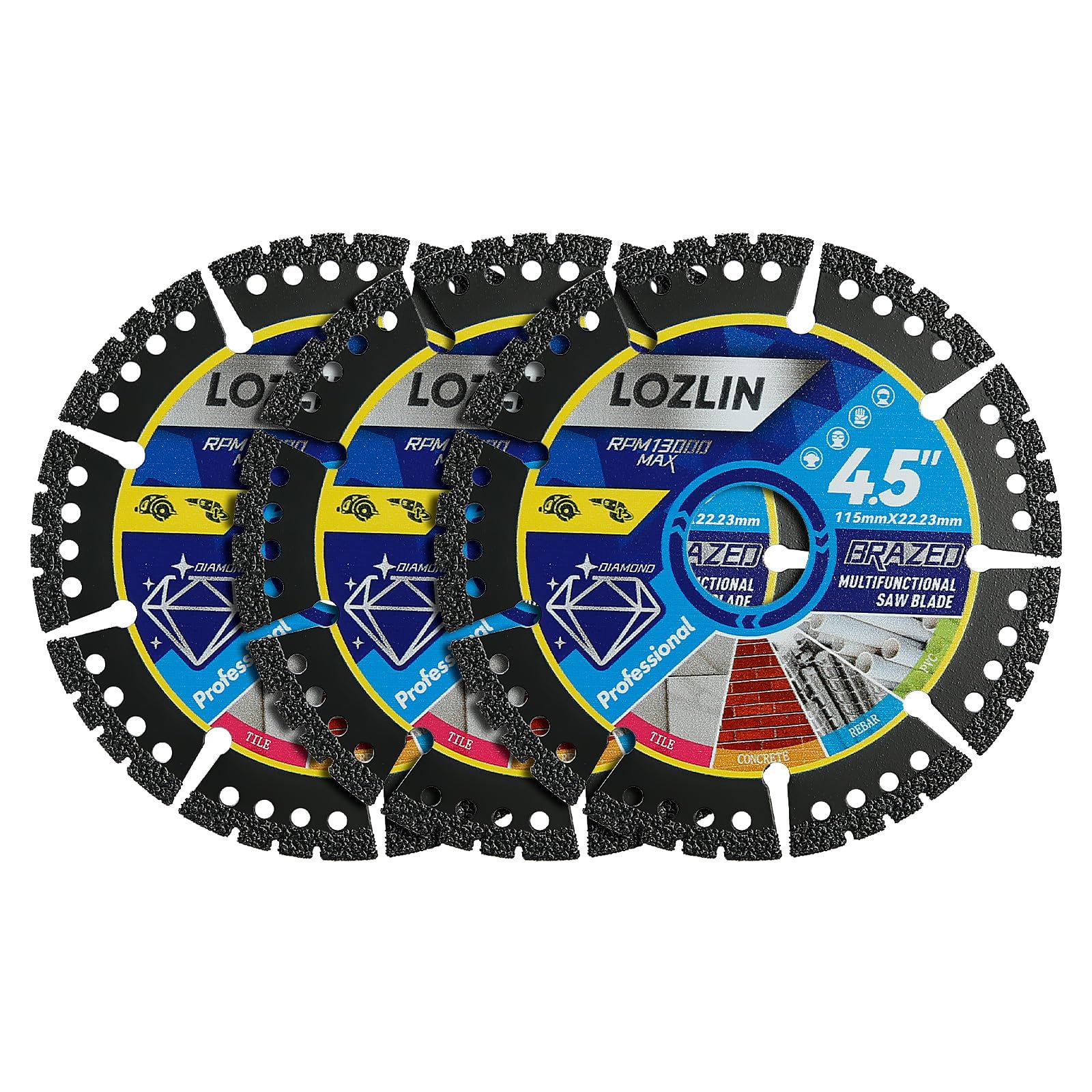 LOZLIN Confezione da 3 lame diamantate multiuso da 11,4 cm, dischi per smerigliatrice angolare per taglio marmo/quarzo/pietra/piastrelle/metallo/plastica