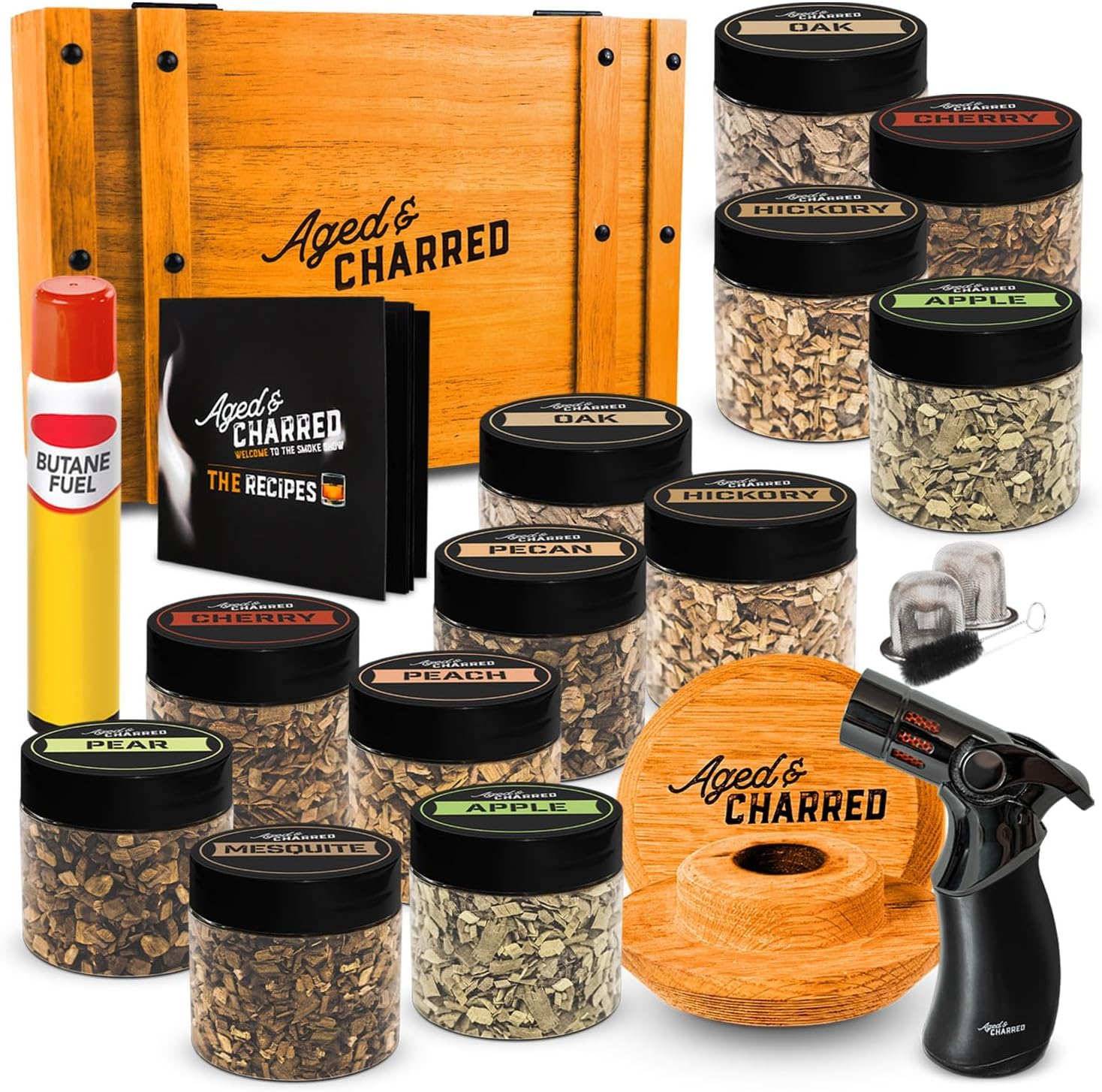 Premium Whiskey Smoker Kit & Fruit Wood Chips – Cocktail Smoking Set with Old Fashioned Syrup & 12 Variety Woodchips Flavors