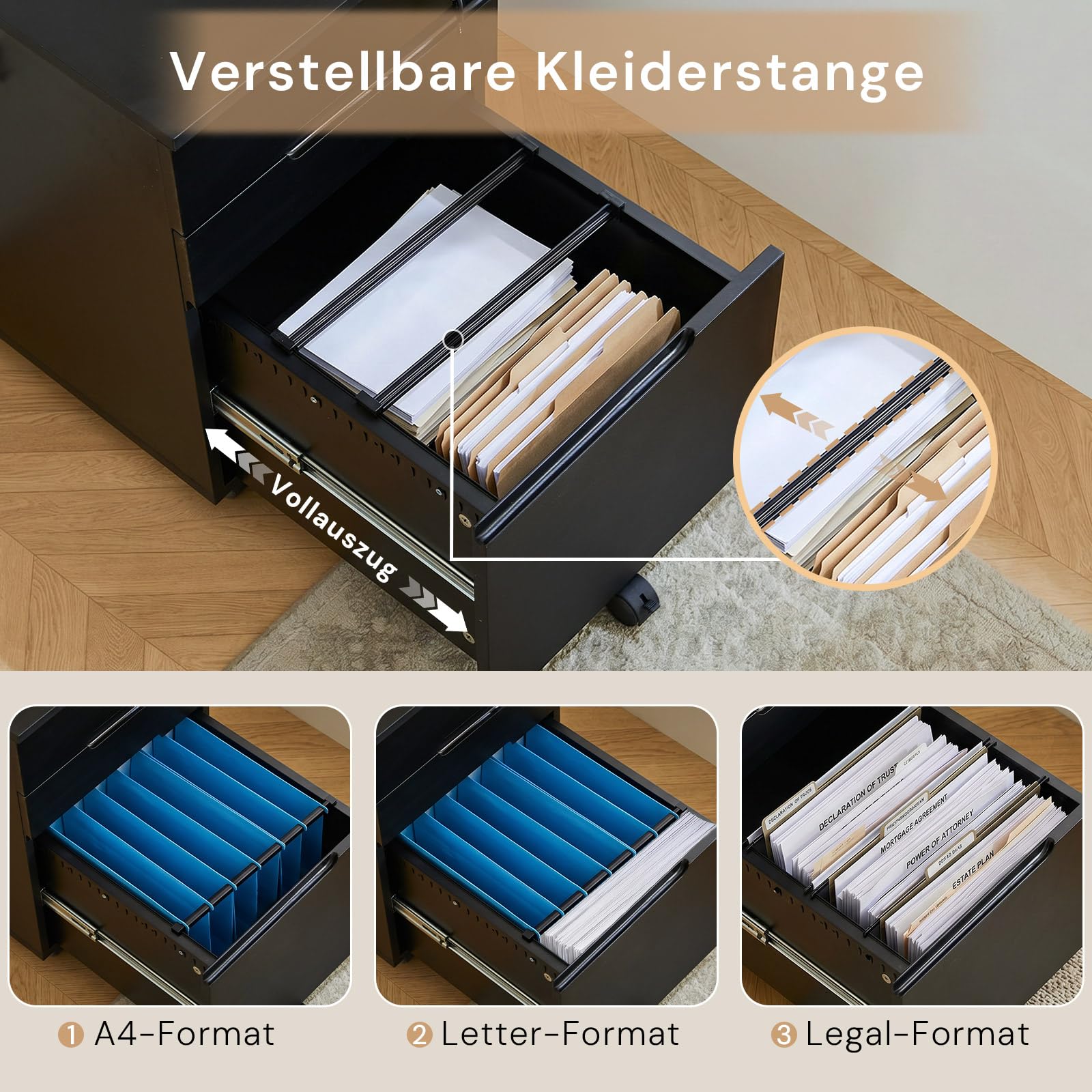 CLIPOP Abschließbarer Rollcontainer, mobiler Aktenschrank mit 5 Rollen & 3 Schubladen, für A4/Letter Hängeregistratur, Schreibtisch unterschrank, Schubladen-Büroschrank für Büro & Homeoffice, Schwarz