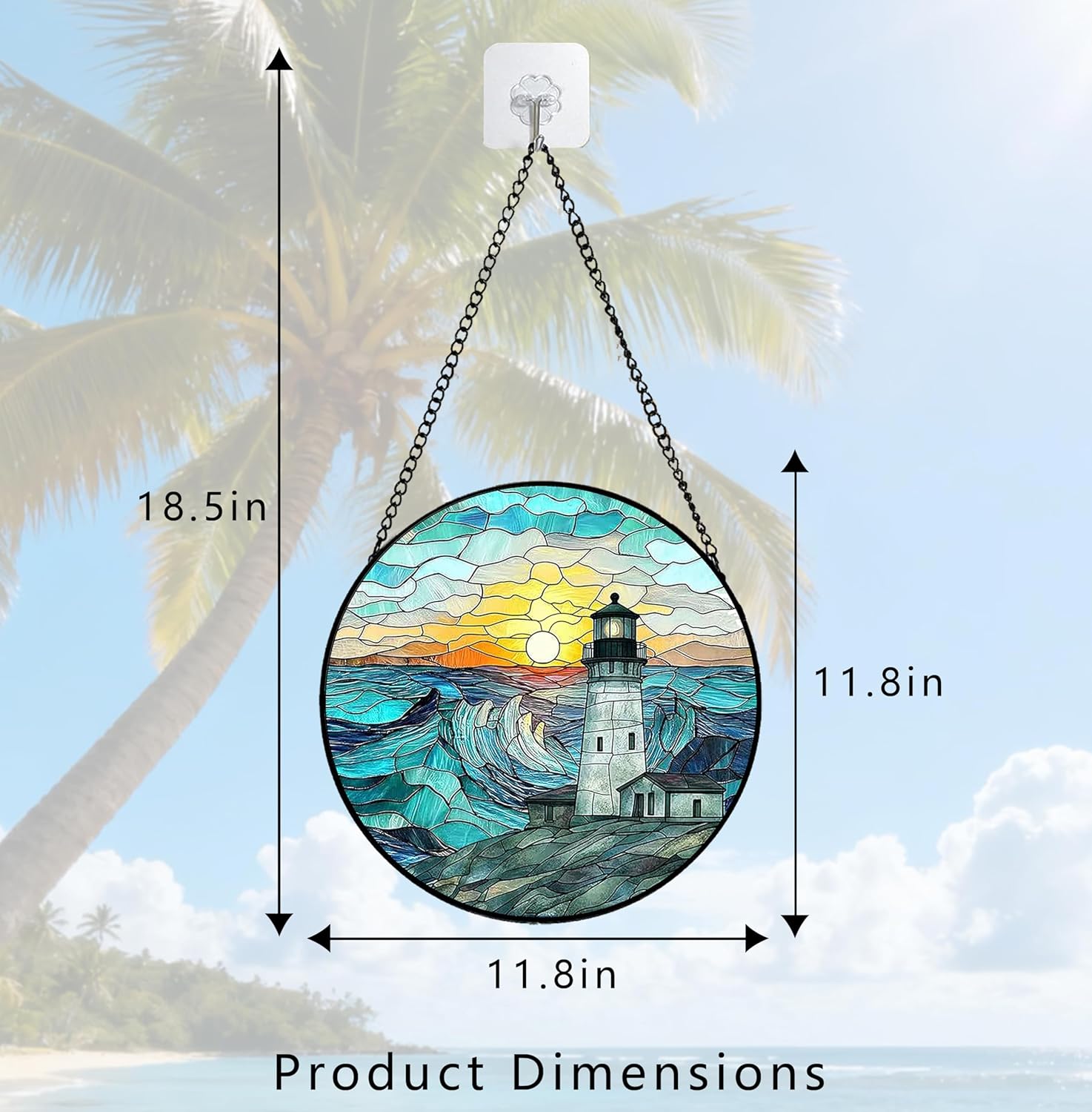 Stained Glass Window Hanging, Lighthouse Beach Stained Glass Suncatcher, Window Decoration Hanging, Sunrise Lover Gift, for Birthday for Women, Men, Wife, Aunt, and Mom