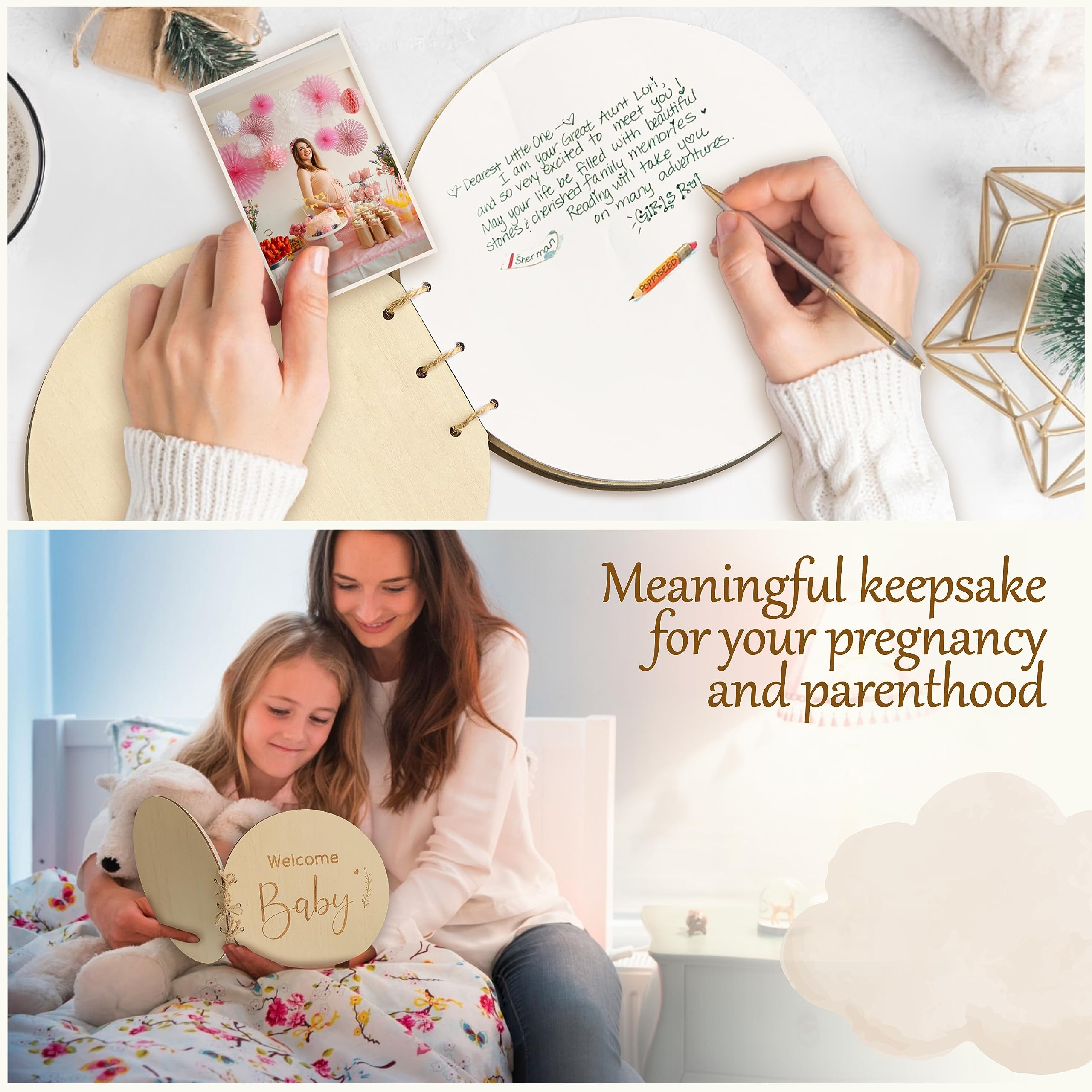 AolKee Libro Ospiti Baby Shower In Legno – 35 Pagine, Tema Neutro, Regalo Per Futuri Genitori