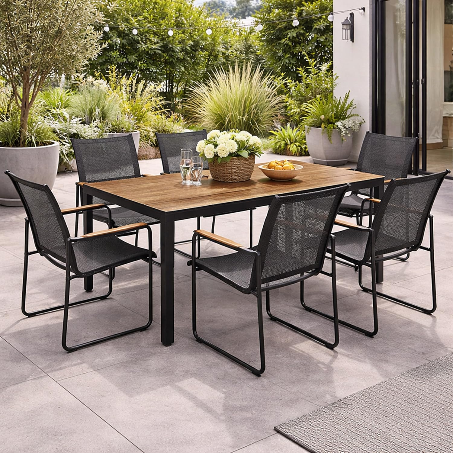 Mojawo 7tlg Outdoormöbel Set Gartenmöbel Gartengarnitur Holzoptik Gartentisch Nonwood 150 x 80cm + 6 Sessel Schwarz