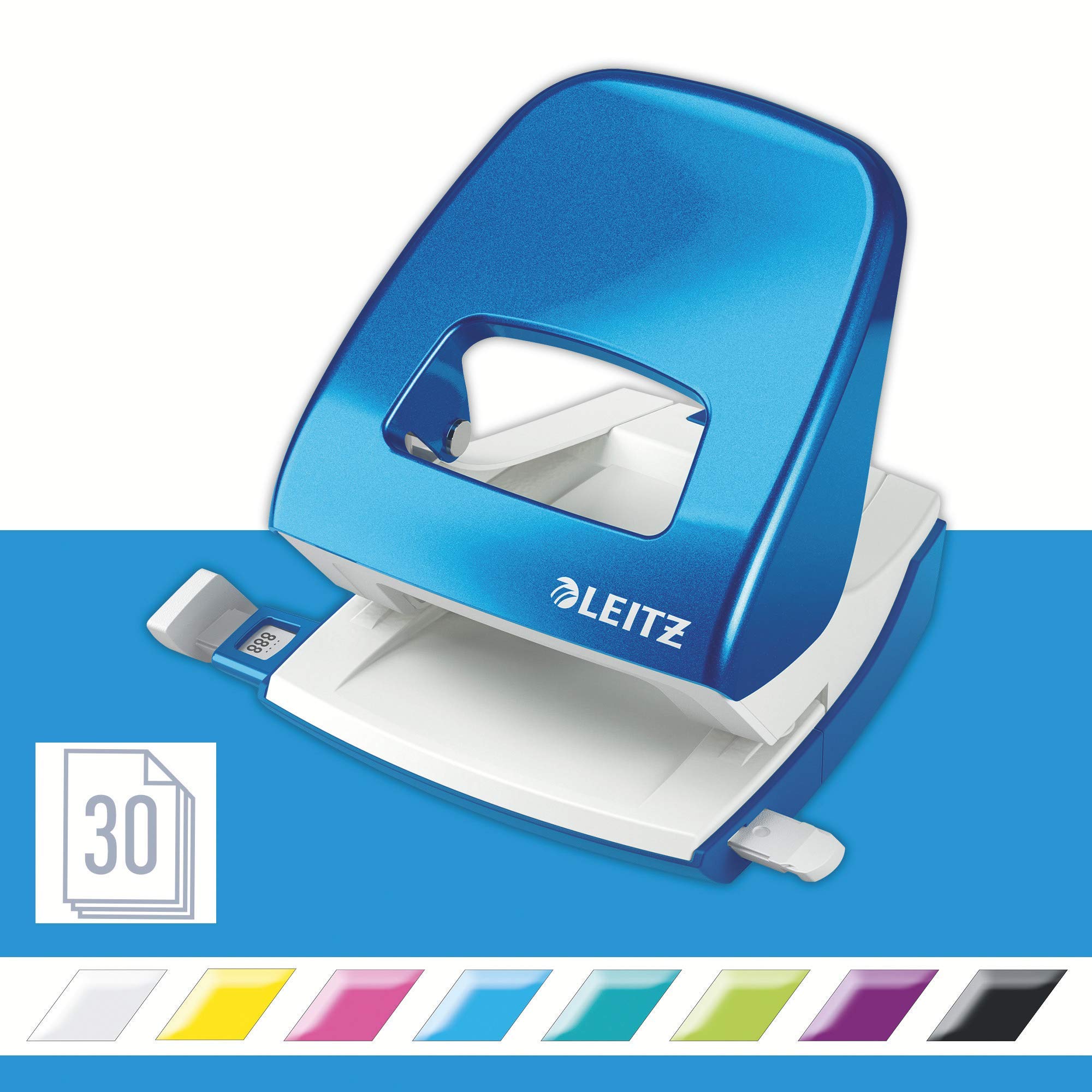 Leitz Büro Locher + Heftgerät, Für 30 Blatt, Anschlagschiene mit Formatvorgaben, Tacker mit 200 Heftklammern, Ergonomisches Design, Blau, WOW-Serie, 50081036 + 55021036