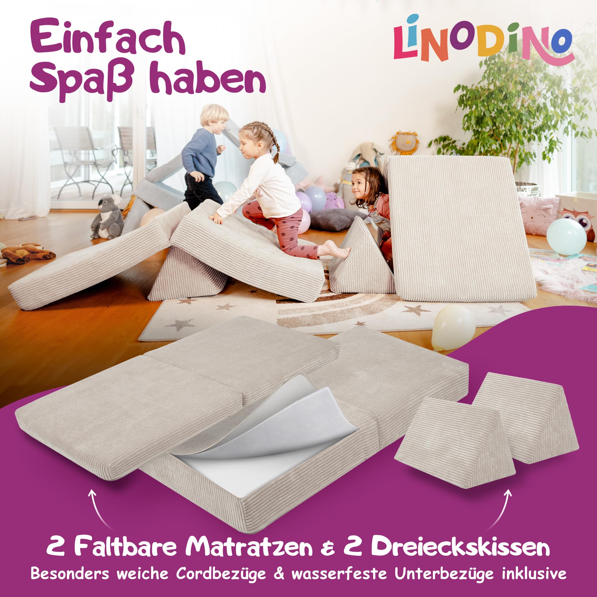 Linodino® Spielsofa Cord | Kindersofa aus Schaumstoff Bausteine - Spielsofa für Kinder & Kuschelecke im Kinderzimmer | Kindercouch | Oeko-TEX 100 Zertifiziert | Elfenzauber Beige