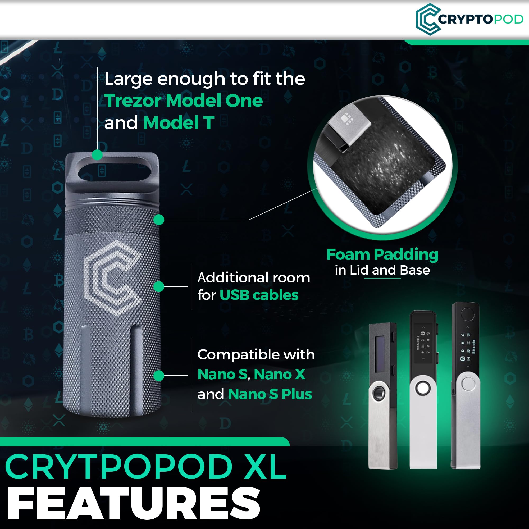 CryptoPod XL Trezor & Ledger Nano Case - Fits Trezor One/T, Nano S/X/S Plus  - Aluminum Alloy, Fire Resistant & Waterproof - Safest Cold Wallet Device  Storage for Cryptocurrency (Black XL): Buy