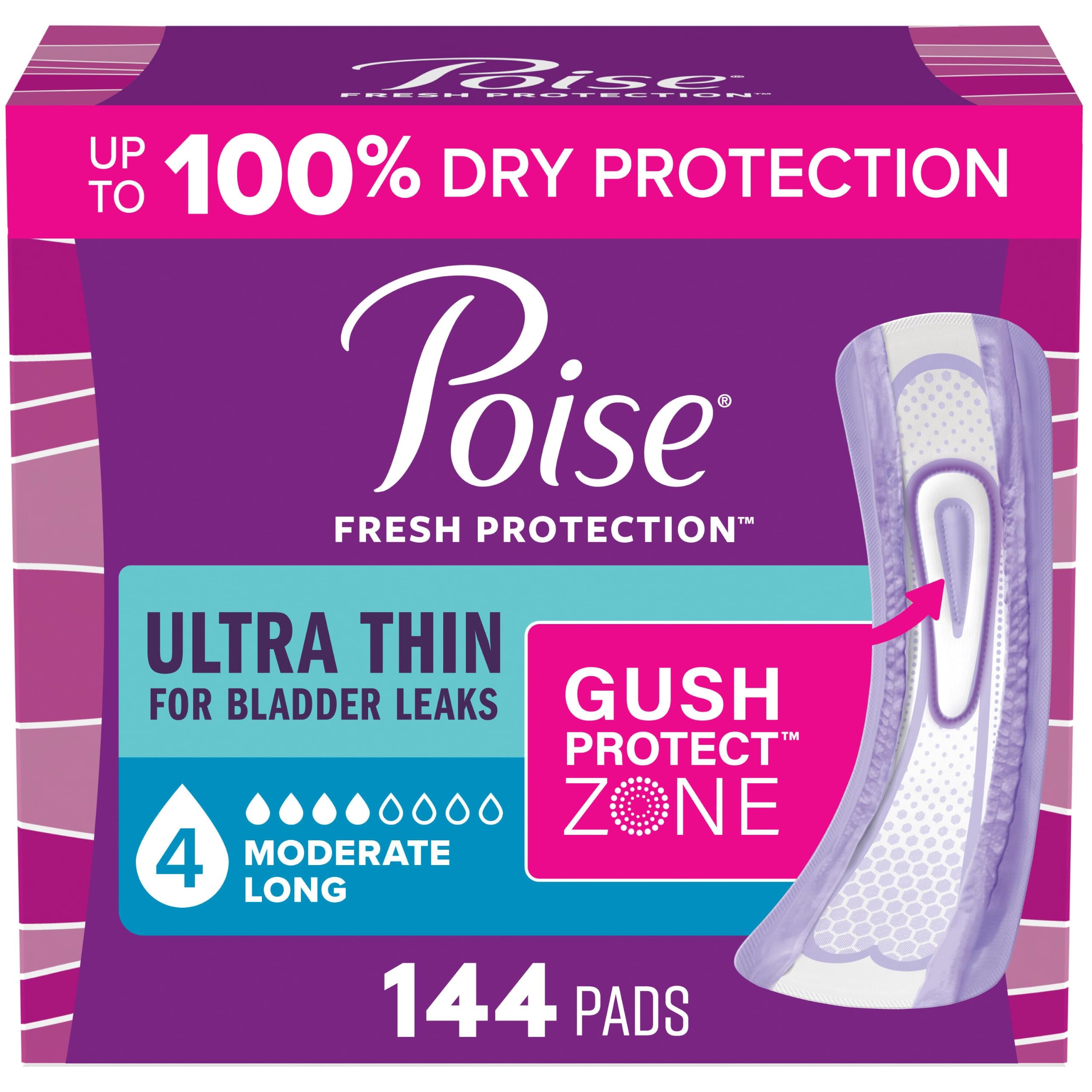 Photo 1 of Poise Ultra Thin Incontinence Pads, 4 Drop, Long Length, 144 Count