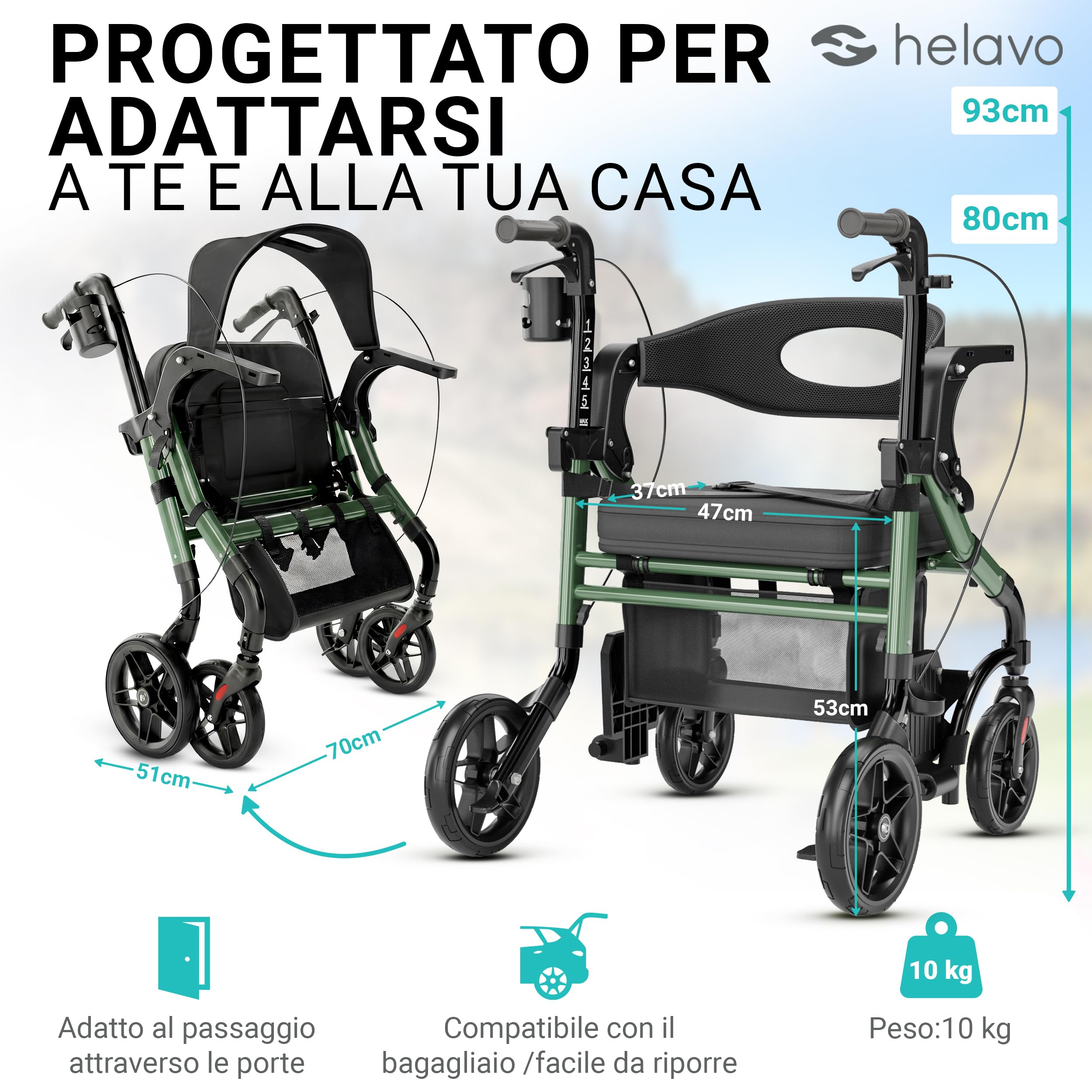 Helavo Deambulatore 2 in 1 e Sedia a Rotelle con Ruote All-Terrain – Deambulatore Sedia a Rotelle Pieghevole e Leggero, Regolabile in Altezza, Portata fino a 136 kg