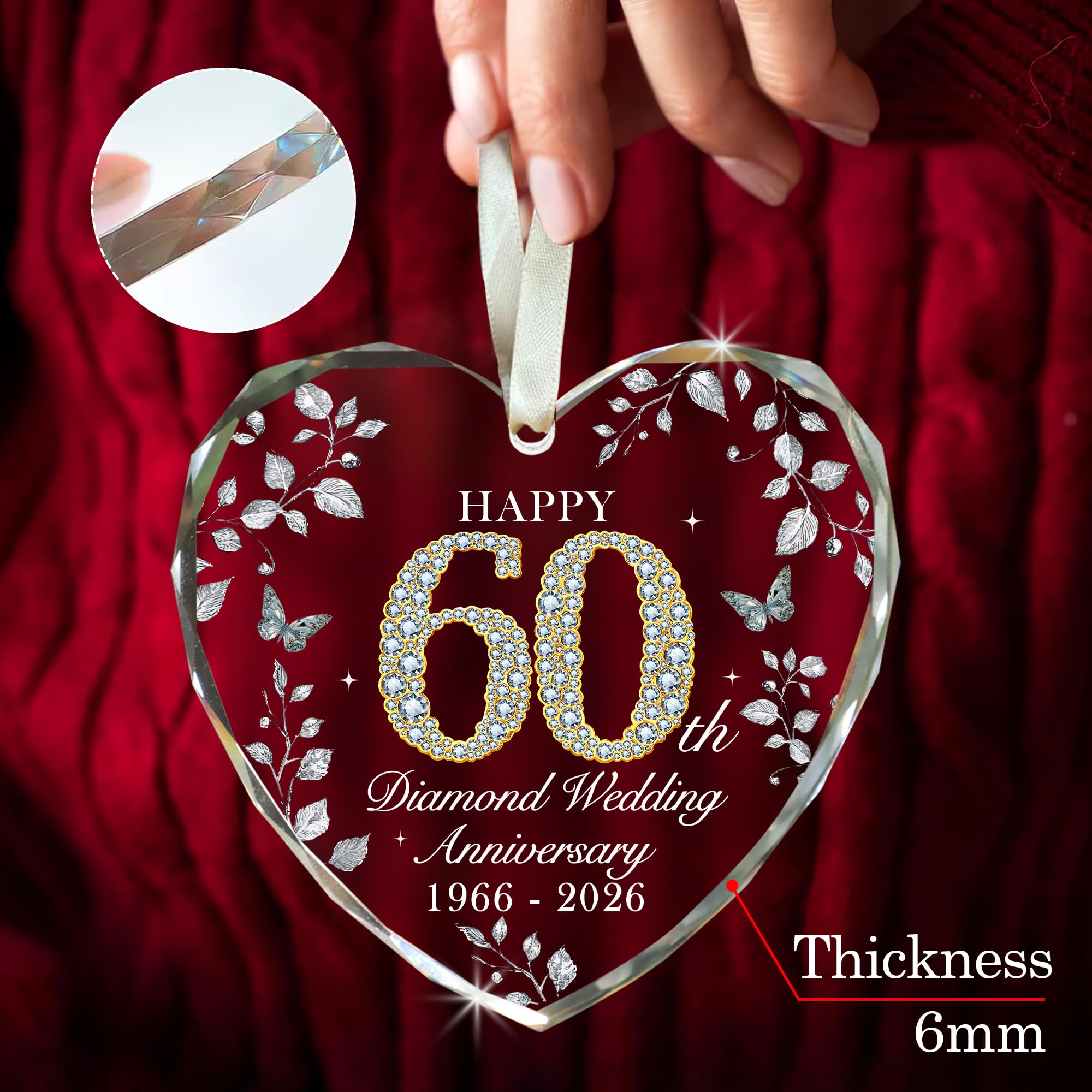60th Anniversary Ornament 1966-2026, Diamond Wedding Anniversary Decoration, 60th Wedding Anniversary Marriage Gift for Couple or Parents, 60 Year Anniversary Keepsake