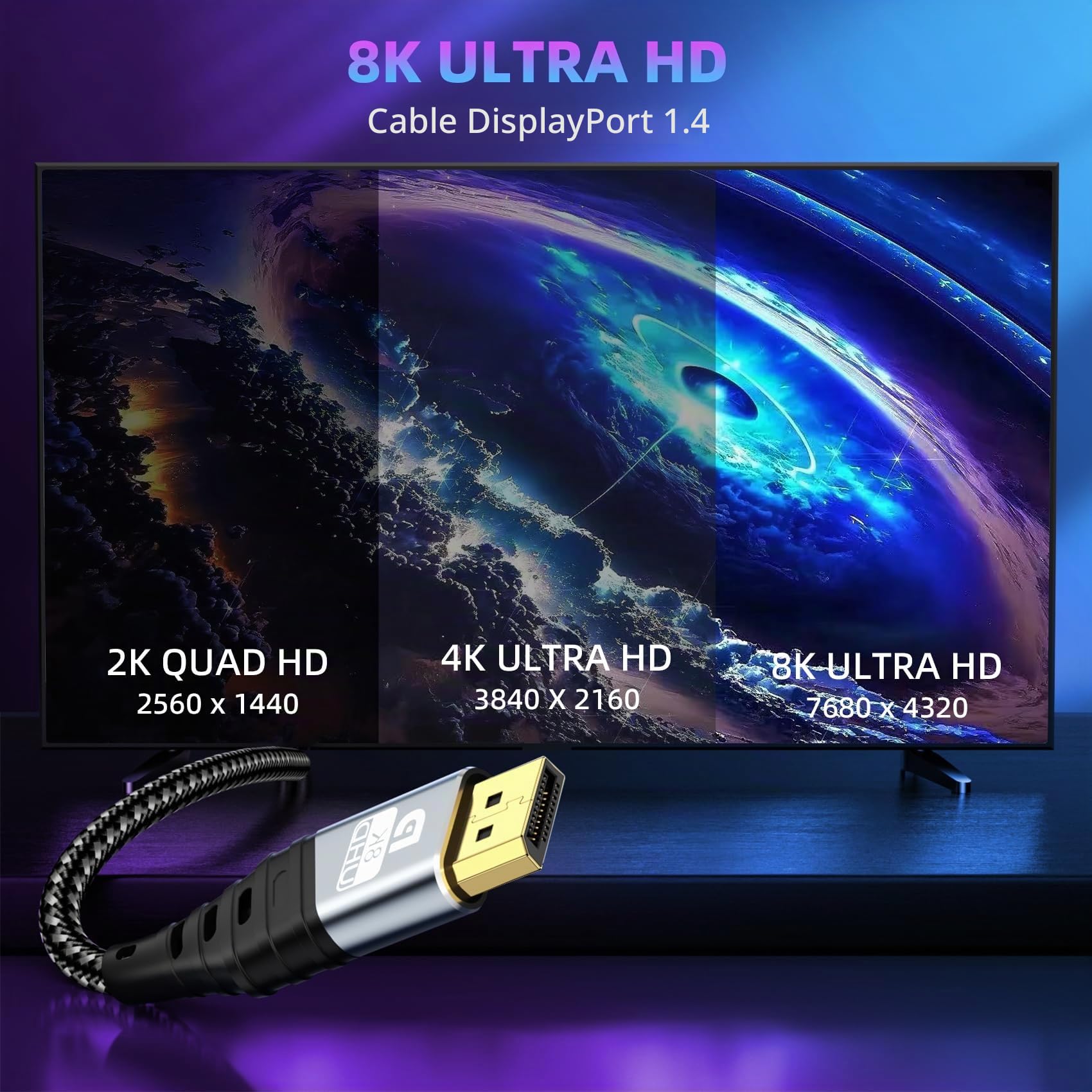 Cable Displayport 1.4 2M - 8K Cable DP 8K@60Hz, 4K@165Hz,2K@240Hz/165Hz/144Hz, HBR3 32.4Gbps, HDR, DSC 1.2, HDCP 2.2, G-Sync&FreeSync, Compatible con PC Monitor Pantallas de Juego