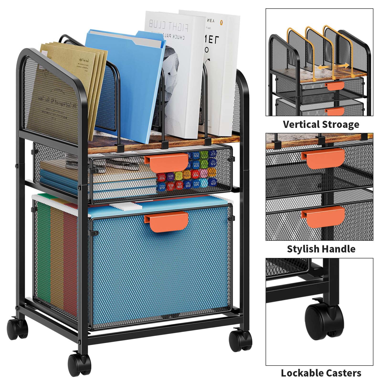 Marbrasse Carrello portadocumenti con divisori regolabili, armadietto mobile su ruote bloccabili, organizer per schedario da ufficio, organizer per cartelle da appendere, per casa e ufficio, marrone