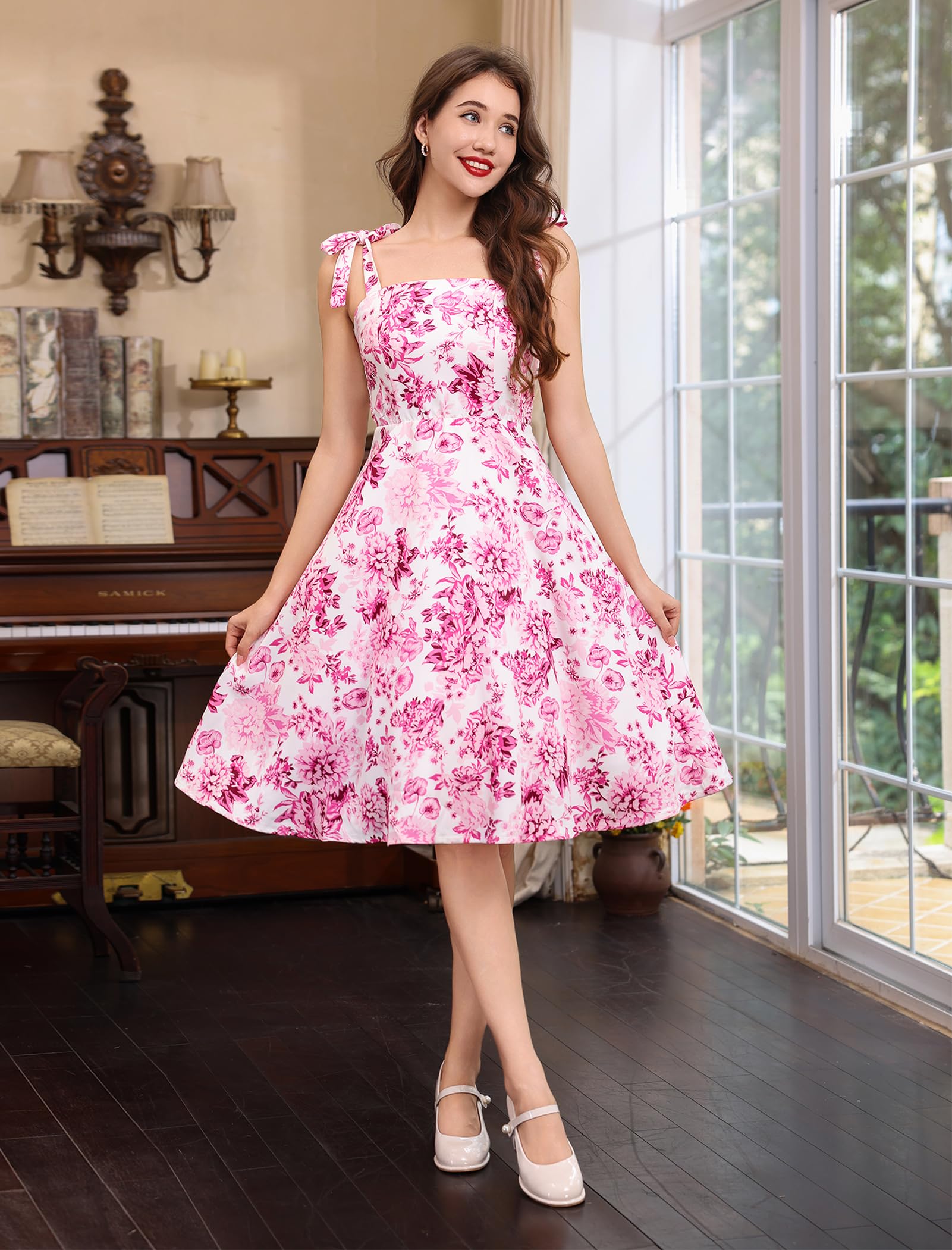 Robes pour femme style 1950, vintage, florale, cocktail, coupe trapèze, rétro, bretelles à nouer, dos nu, rockabilly, robe de bal, thé
