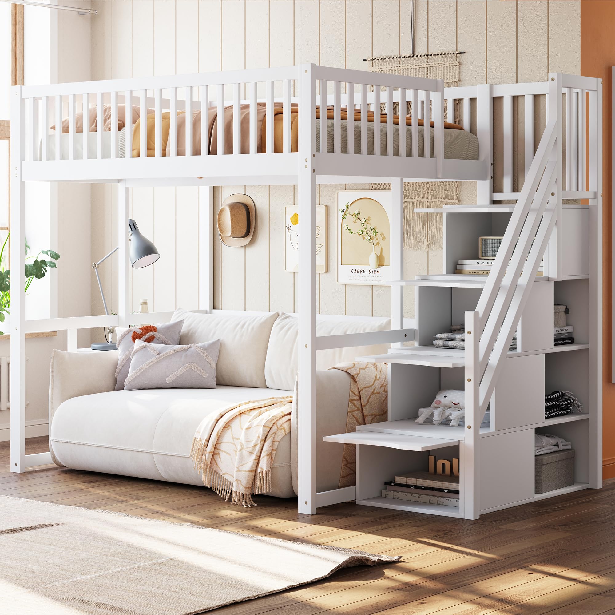 Soweiz Letto a soppalco con scala di sicurezza con vano portaoggetti, bordo di sicurezza, telaio in pino massiccio, adatto per bambini, adolescenti e adulti, 140 x 200 cm (bianco)