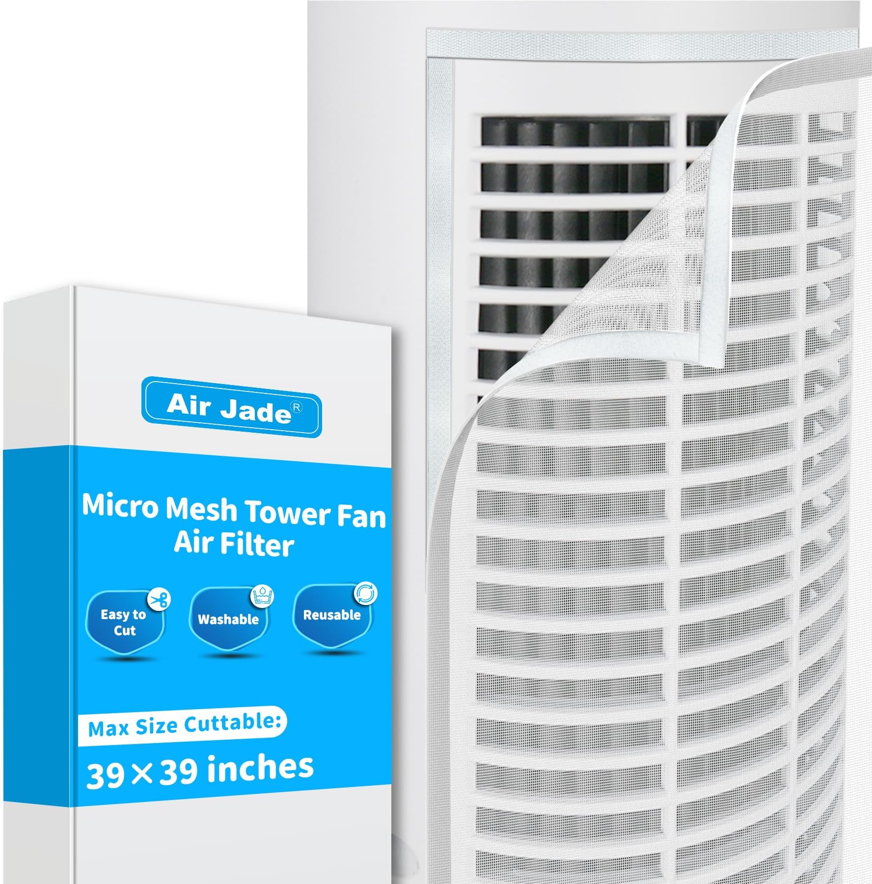 Air Jade Tower Fan Air Filter Screen, Reusable & Washable Micro Mesh Filter for Tower Fans, Easy Cut to Fit, Cover 3 Tower Fans Up to 42", Filter Air Dust, Easy Air Flow, White