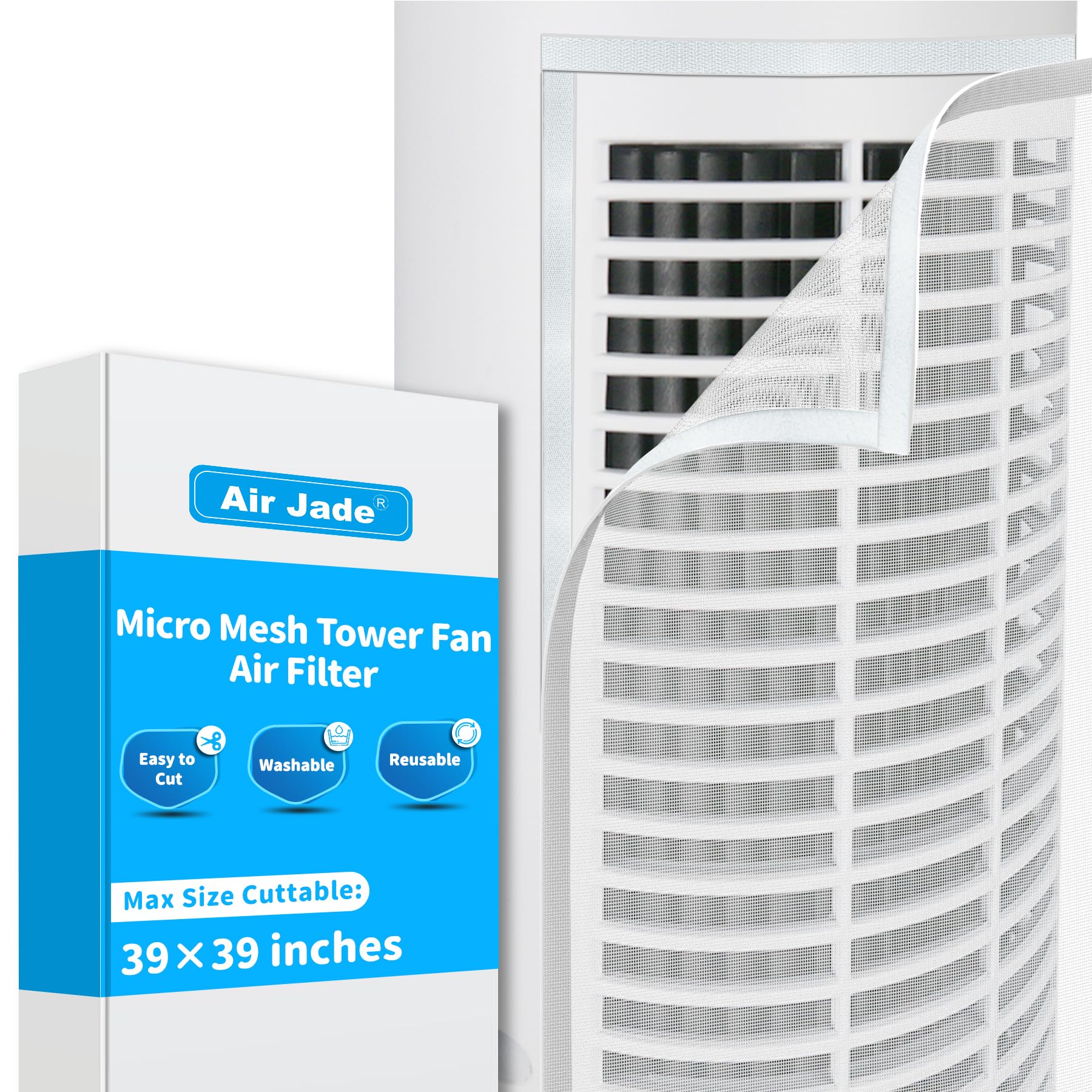 - Tower Fan Air Filter Screen, Reusable & Washable Micro Mesh Filter for Tower Fans, Easy Cut to Fit, Cover 3 Tower Fans Up to 42", Filter Air Dust, Easy Air Flow, White