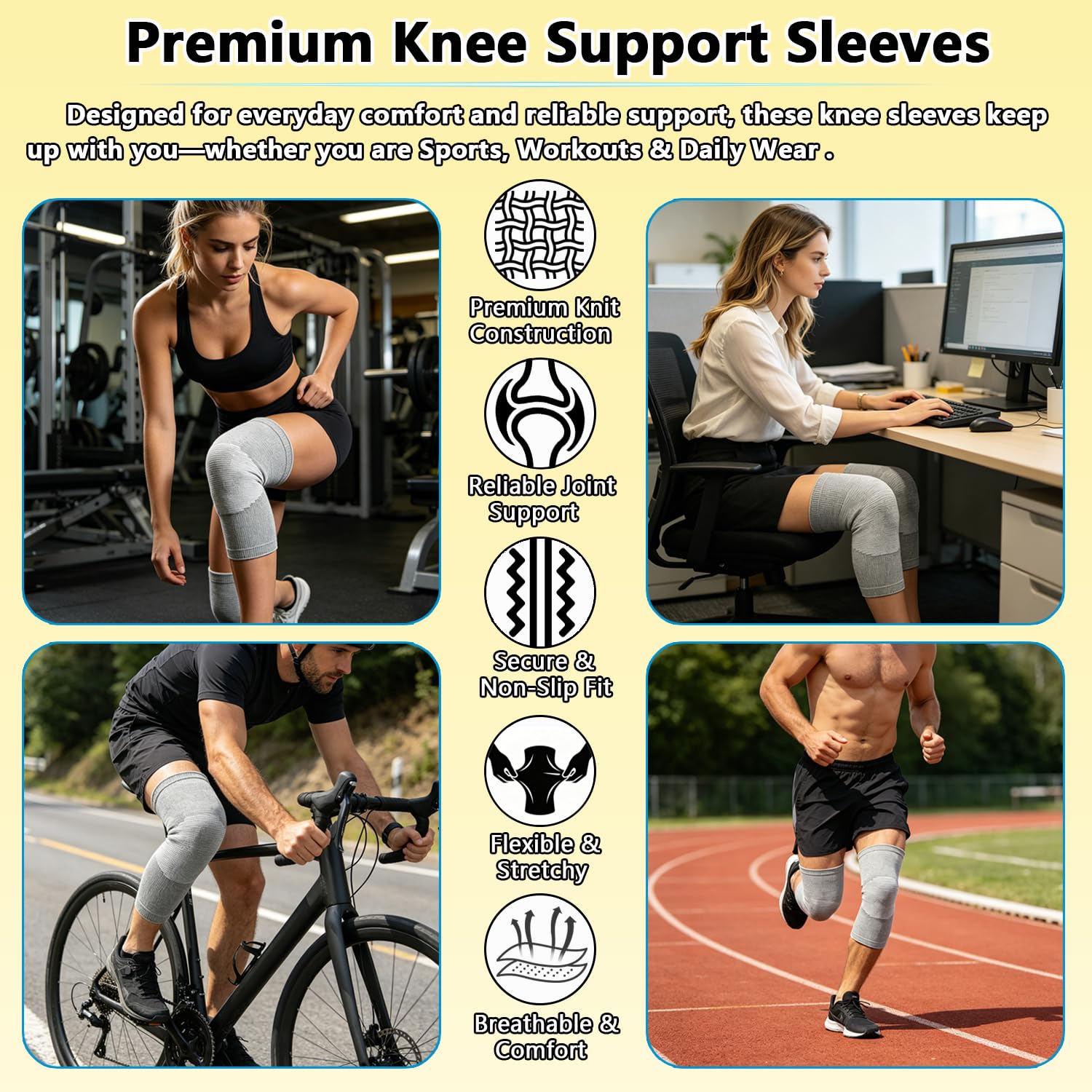 One Compress Bamboo Knee Sleeves, Knee Brace for Women Men Knee Pain, Elastic Compression Leg Sleeves for Arthritis,Breathable for Workout, Running, Gym, Sports, Fitness(Gray, XL)