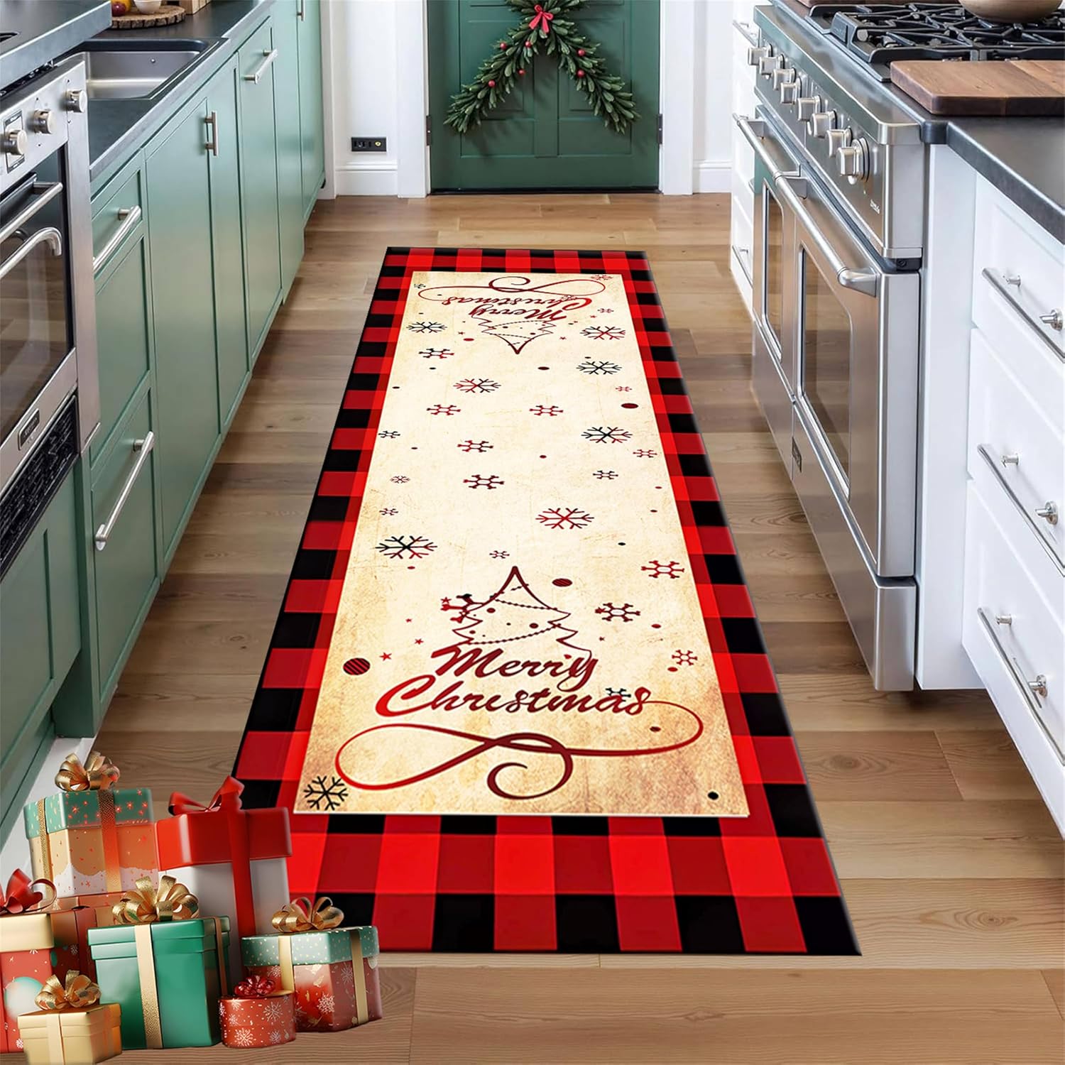 Snowflake Decor Runner Rug Red Merry Christmas Non-Slip Mat Kitchen Soft Washable Non Shedding Indoor Throw Rug for Entryway Laundry Bedroom Holiday Decor Bathroom, 2x4ft