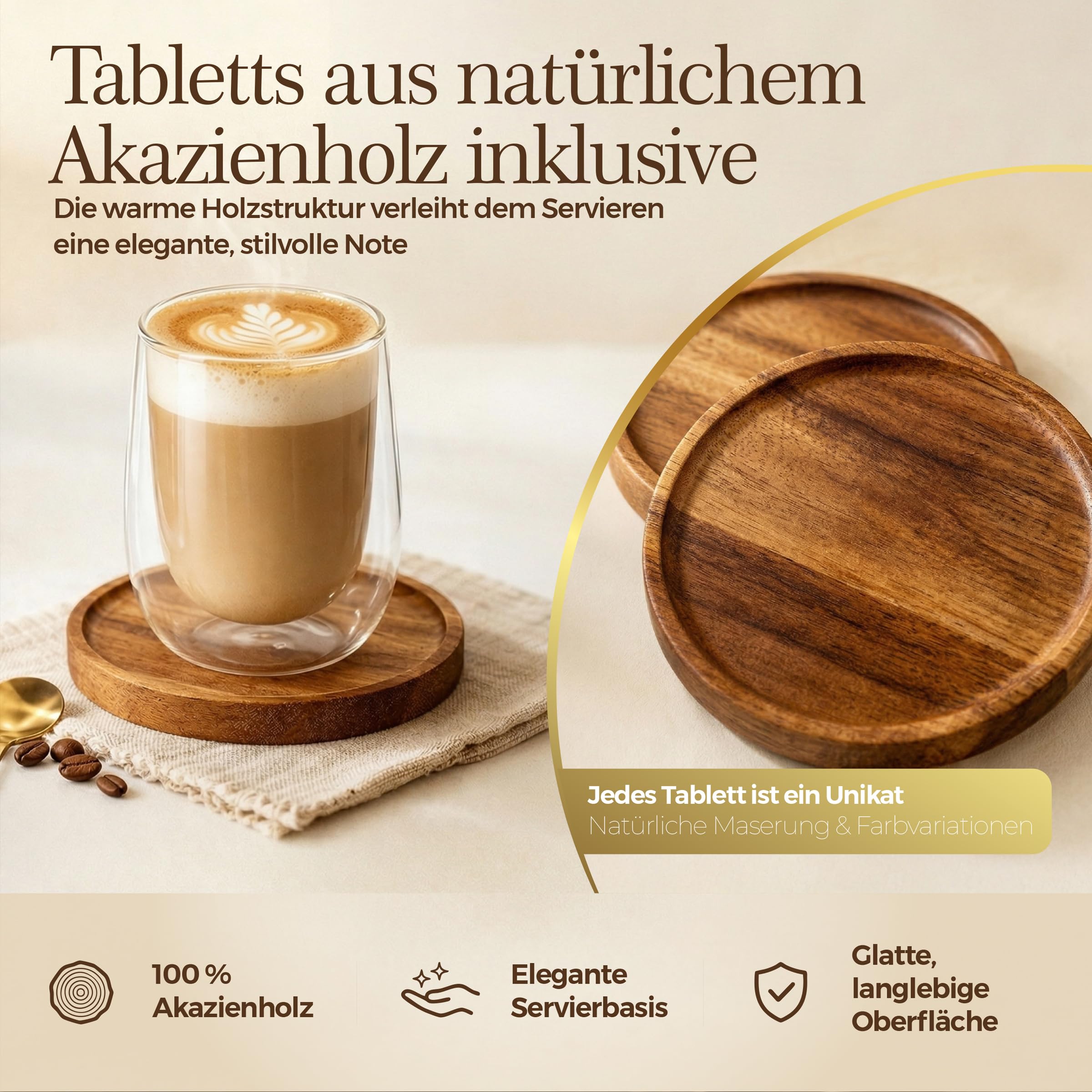 Latte Macchiato Gläser Doppelwandig 6er Set 350ml Akazienholz Tablett Thermogläser Cappuccino Kaffeegläser Borosilikatglas Hitzebeständig BPA frei Spülmaschinenfest
