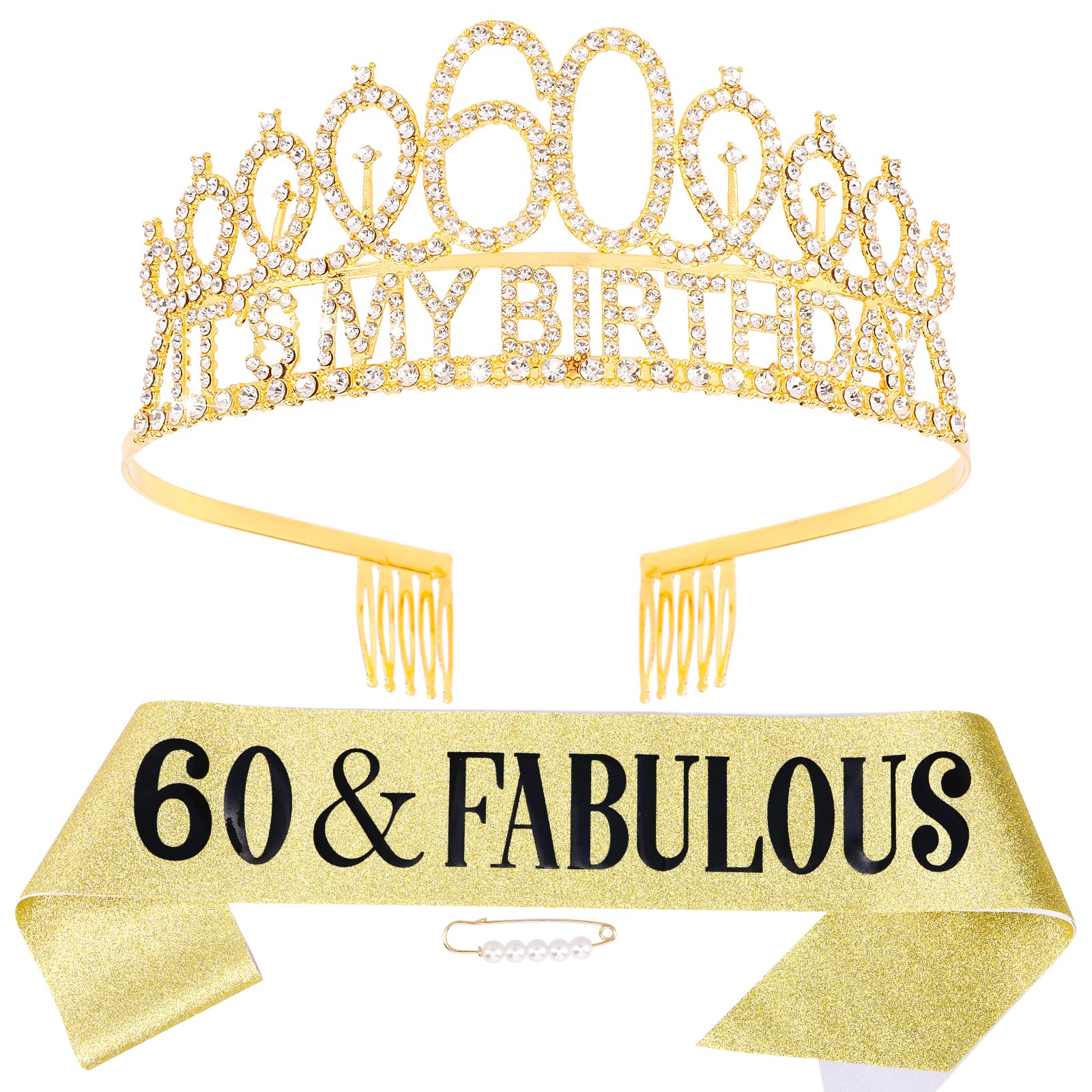 Hapdoo 60th Gold Birthday Decorations, 60th Birthday Decorations for Woman, 60th Birthday Sash & Crown Tiara for Women