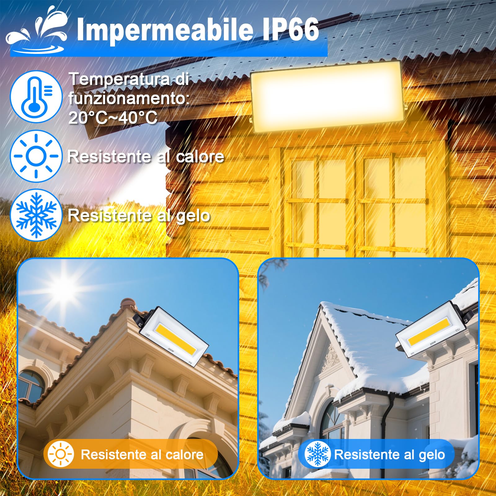 CREATESTAR Faretto LED da Esterno 200W, Faro Led Esterno 20000LM,3000K Bianco Caldo Faretti Led IP66 Impermeabile per Giardino Garage Parcheggio Cortile