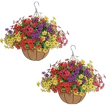 Senjie 2 Set Artificial Hanging Flowers with Basket for Outdoor Decor, UV Resistant 24 Bundles Faux Flowers Fake Hanging Planter for Porch Patio Balcony