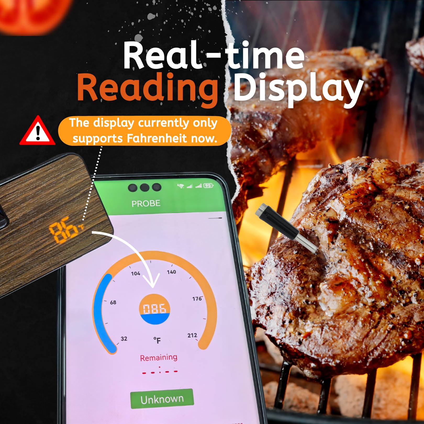 Termometro digitale per carne, wireless, con Bluetooth 5.3, con controllo tramite app, sonda in ceramica impermeabile ad alta precisione, ricarica rapida e magnetico, per forno, grill, barbecue
