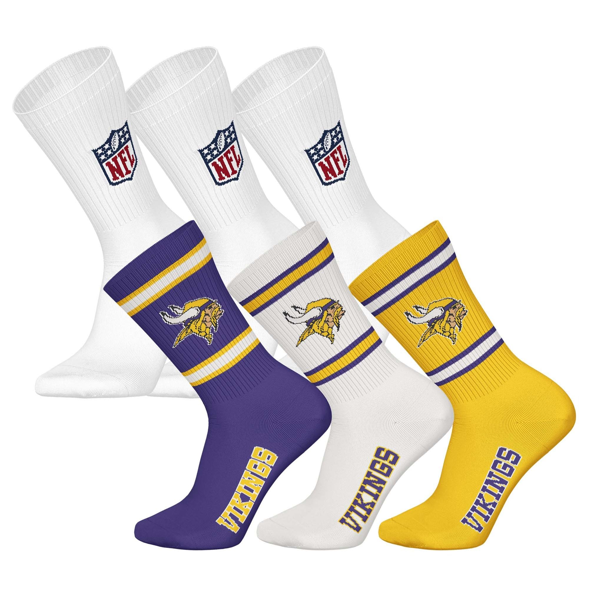 NFL Unisex Team Crew Socks, Minnesota Vikings 2, White, 43-46, Pack of 6