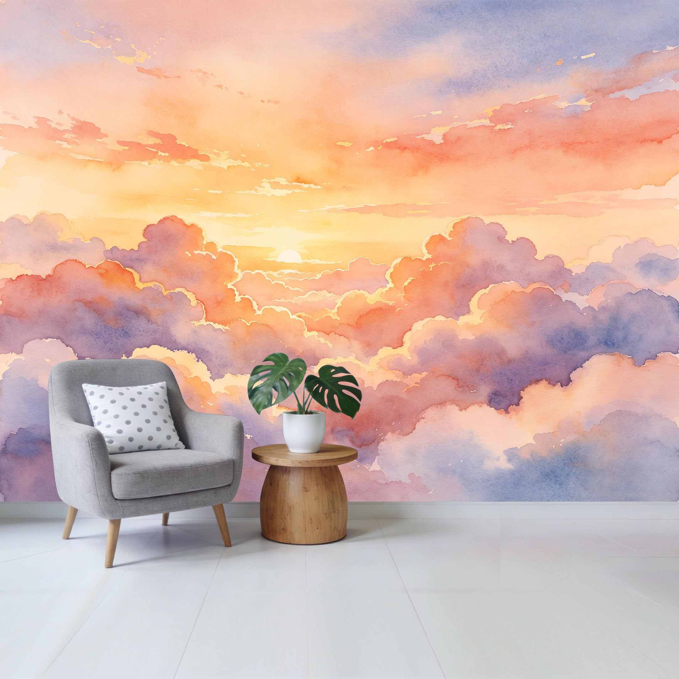 Qzlithotic Yq2605250234 Custom Size Wall Mural Dreamy Pastel Sunset Clouds Watercolor Landscape Nature Scenery Selfadhesive Wall Fabric Removable Wallpaper For Home Office Decor