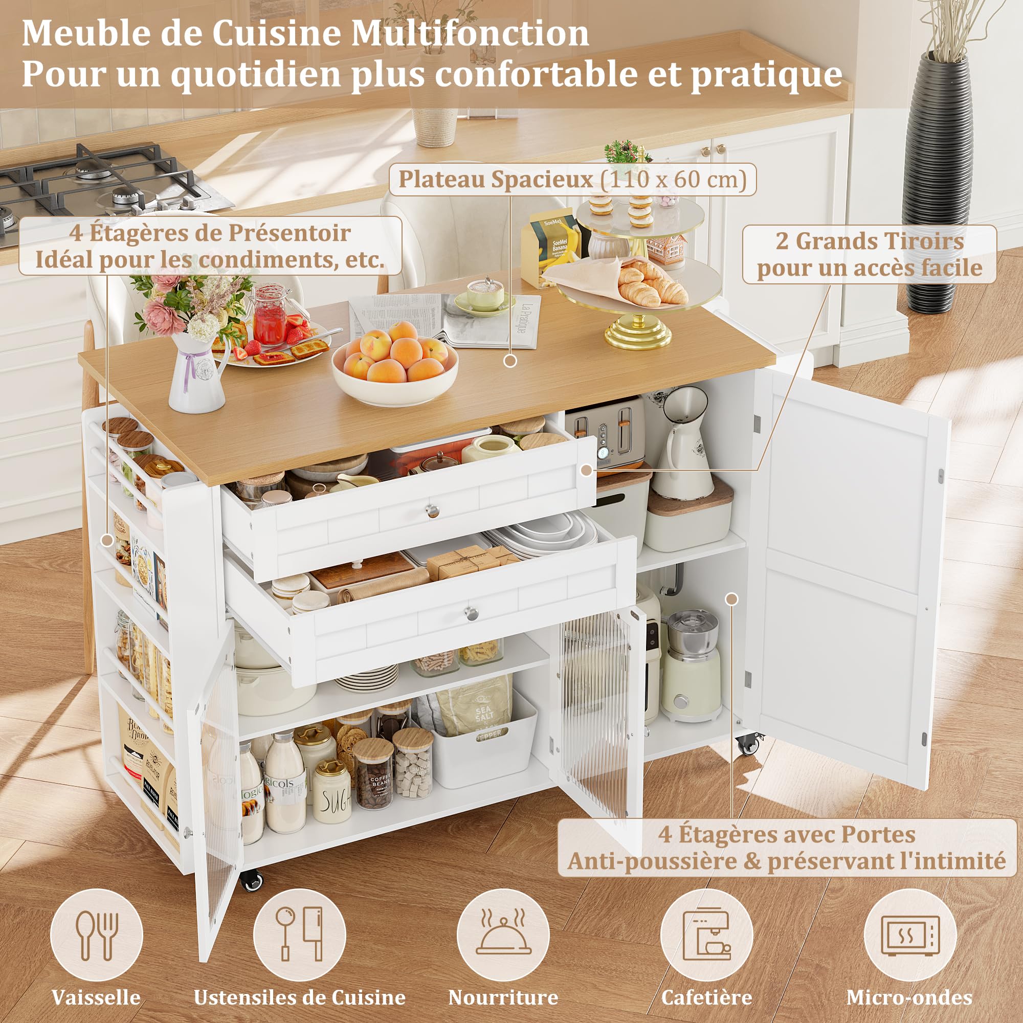FirFurd Îlot Central Cuisine Desserte Cuisine à roulettes avec Plans de Travail Rabattable Meuble de Cuisine avec 2 Tiroirs, 3 Portes, Support à Épices, Porte-Serviette 132x40x97,5cm Blanc