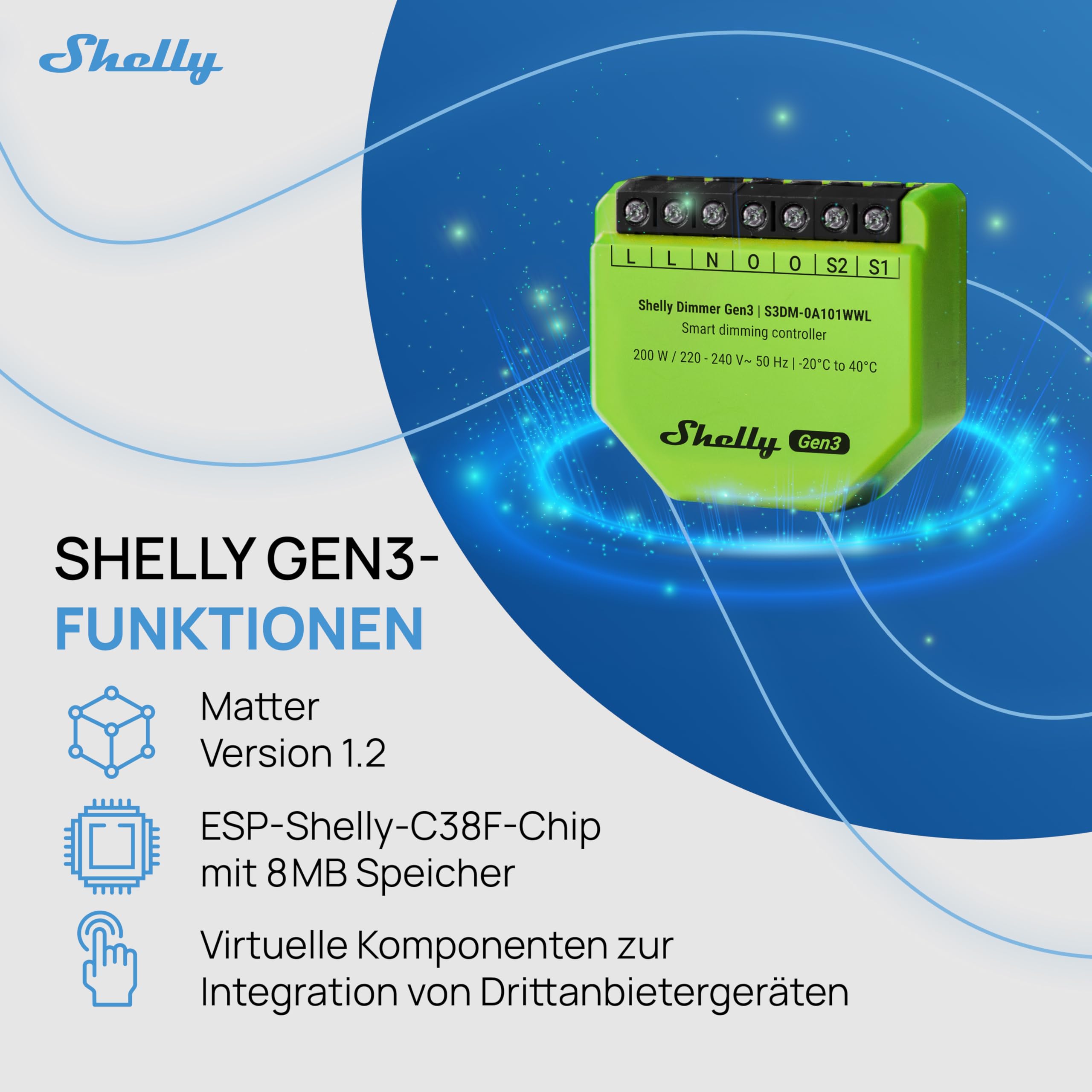 Shelly Dimmer Gen3 - WLAN Smart Dimmer, Hausautomation, Dimmbare Lichter, LED-Streifen, Kein Neutralleiter Еrforderlich, Smarte Zeitpläne, Kein Hub Еrforderlich, iOS & Android, Alexa & Google