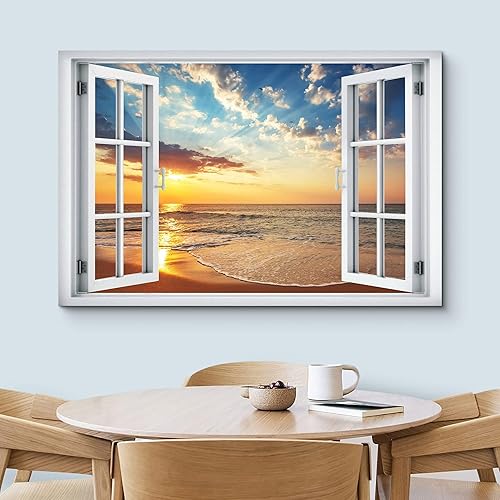 Miniatura 8 de wall26 Lienzo impreso para pared, vista de ventana a barco y playa tropical, isla de naturaleza, desierto, fotografía, realismo, paisaje rústico,