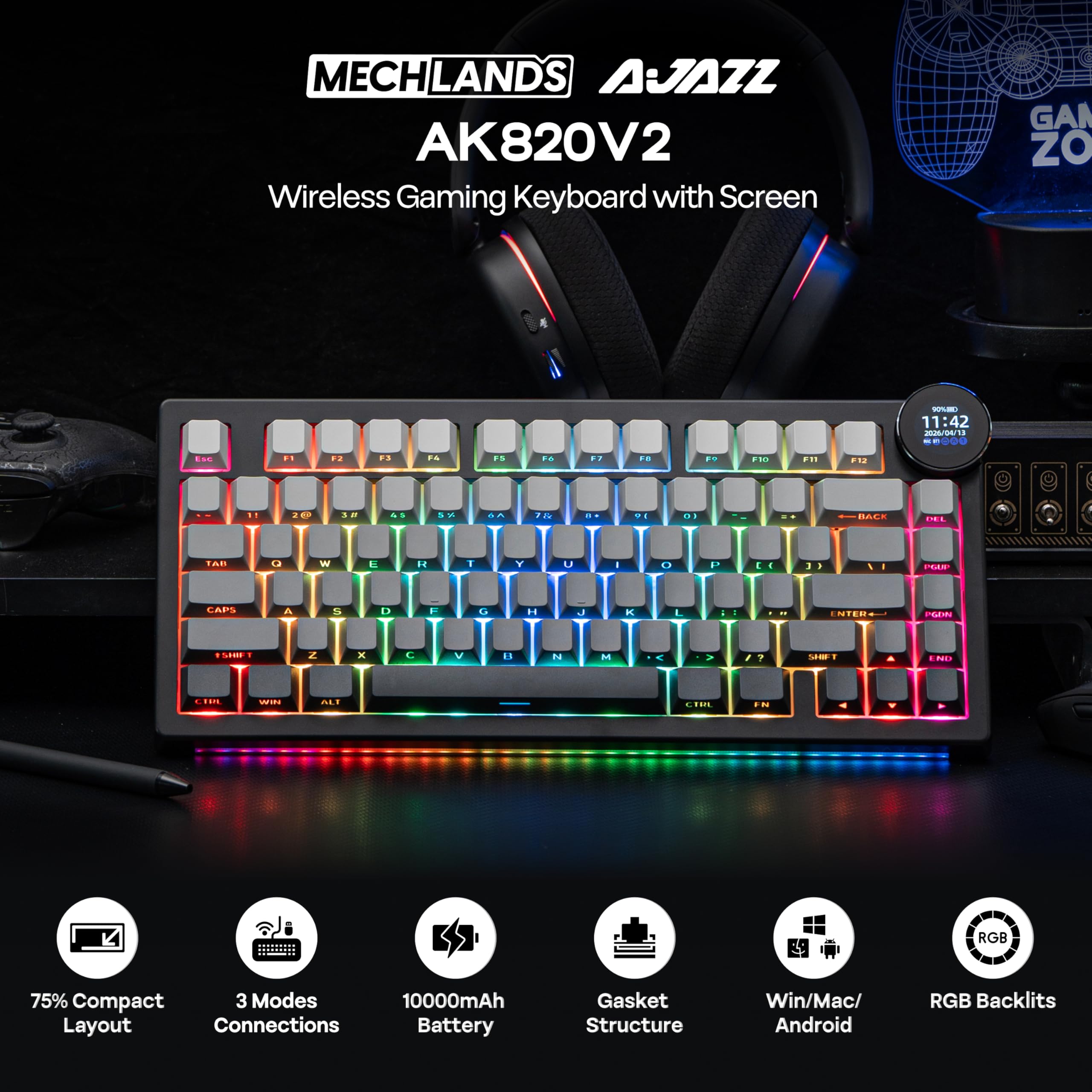 MechLands AK820V2 75% Teclado gaming inalámbrico con pantalla TFT de 0,9 pulgadas y control giratorio, teclado mecánico cremoso Gasket, batería de 10000 mAh, intercambiable en caliente, RGB para Win