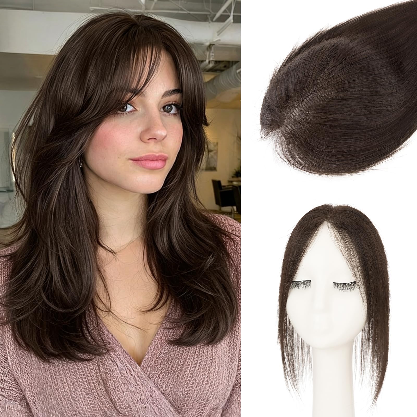 Photo 1 of ***COLOR DISPLAYS DARKER IN PERSON*** Rich Choices Human Hair Topper Middle Part Side Bangs No Bang Ultra Thin Breathable Hair Piece for Summer Clip In Crown Topper for Thinning Hair Gray Hair Women 12 Inch Mocha Brown-19 Grams