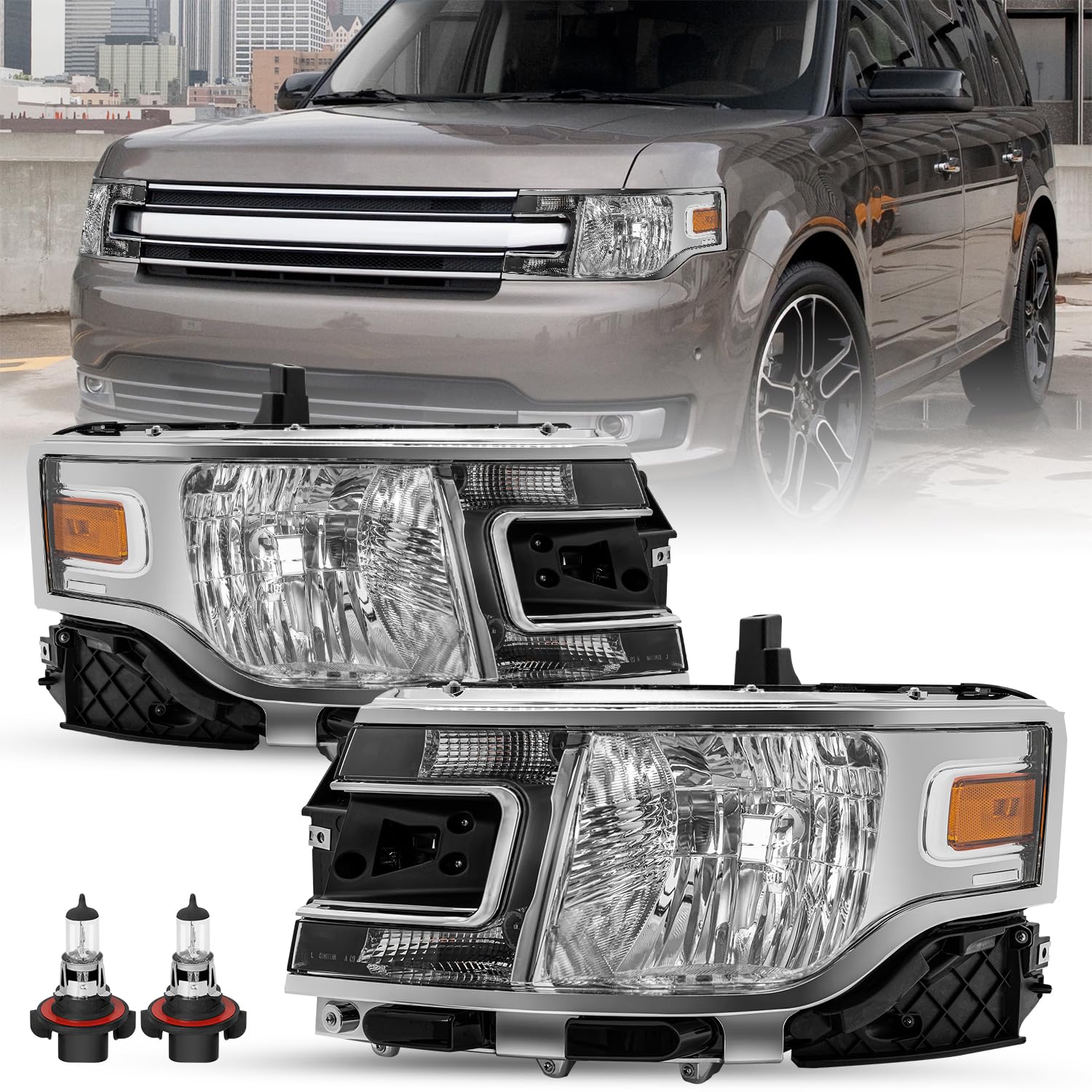 SOCKIR Headlight Assembly for 2013-2019 Ford Flex OE Style Halogen Headlamp Replacement Left Driver& Right Passenger Side (Chrome Housing with Amber Reflector, w/Bulbs)