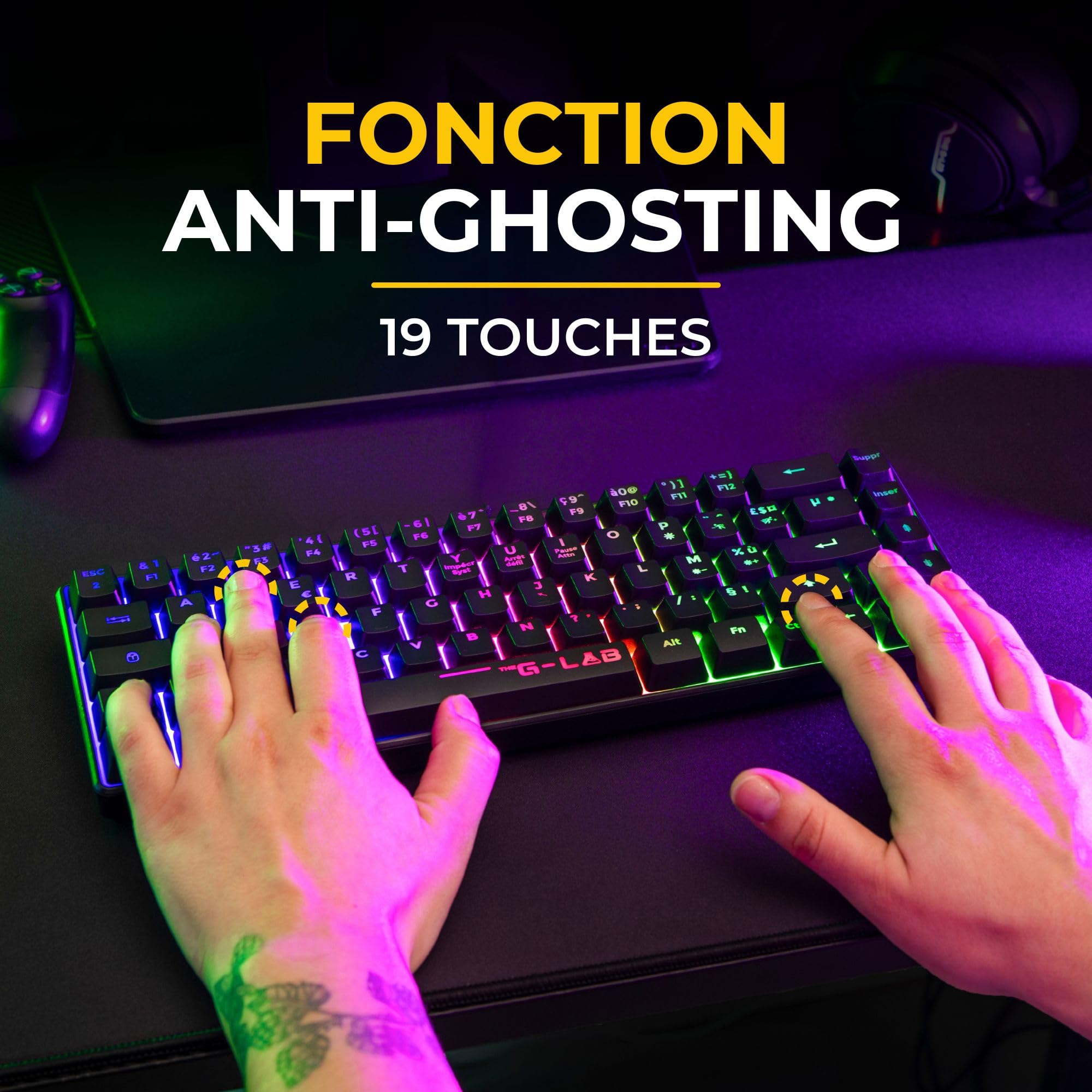 The G-Lab Combo Hydrogen WL – Pack Clavier Souris Gamer sans Fil – Clavier Gamer sans Fil 60% AZERTY FR RGB – Souris Gaming 7200 DPI – Double Mode 2,4GHz & Bluetooth – PC et PS