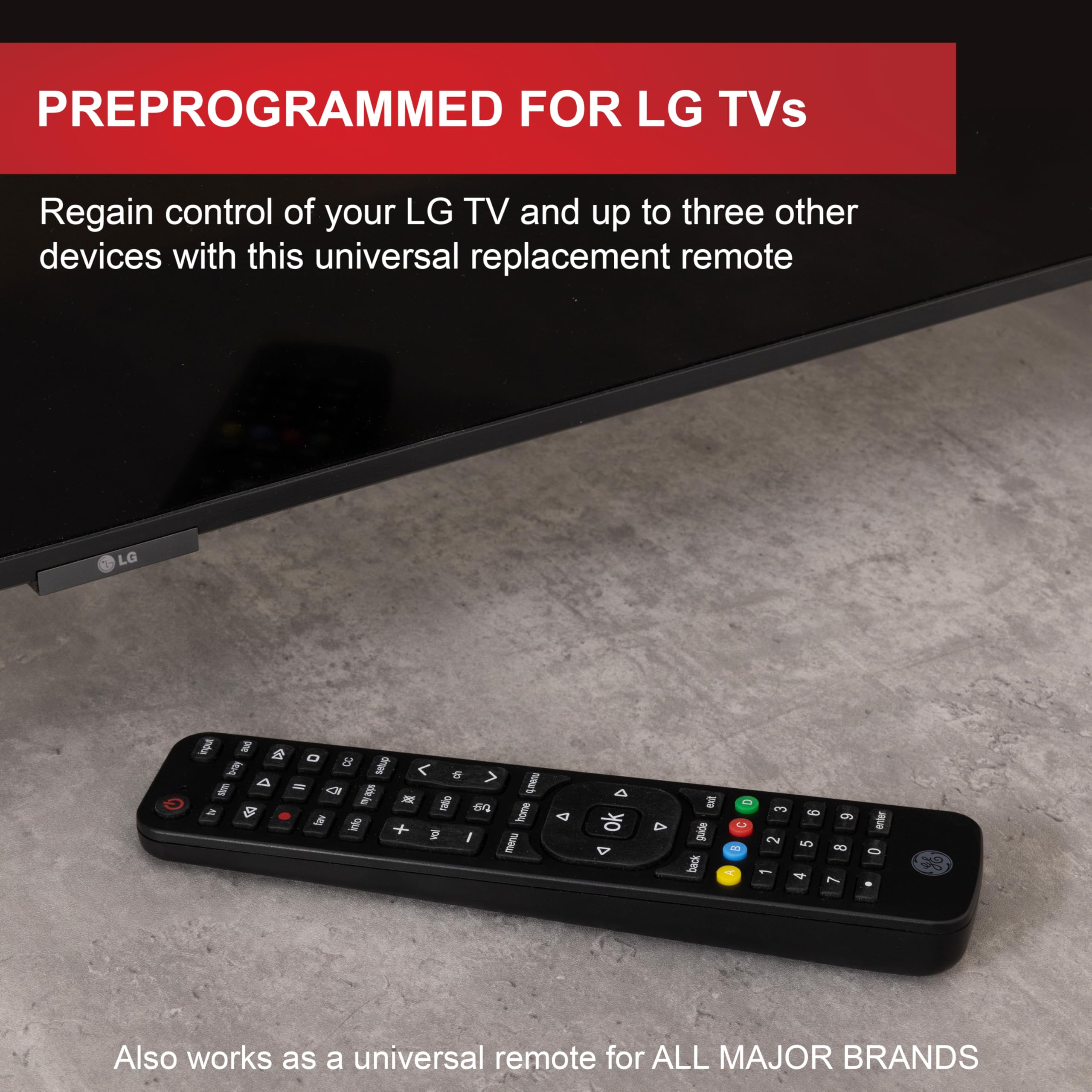 GE Telecomando di ricambio per LG a 4 dispositivi, compatibile con Smart TV LED, LCD, HD, UHD, 4K, HDR, con funzione di telecomando universale per lettori streaming, soundbar, Blu-ray, DVD e altro,