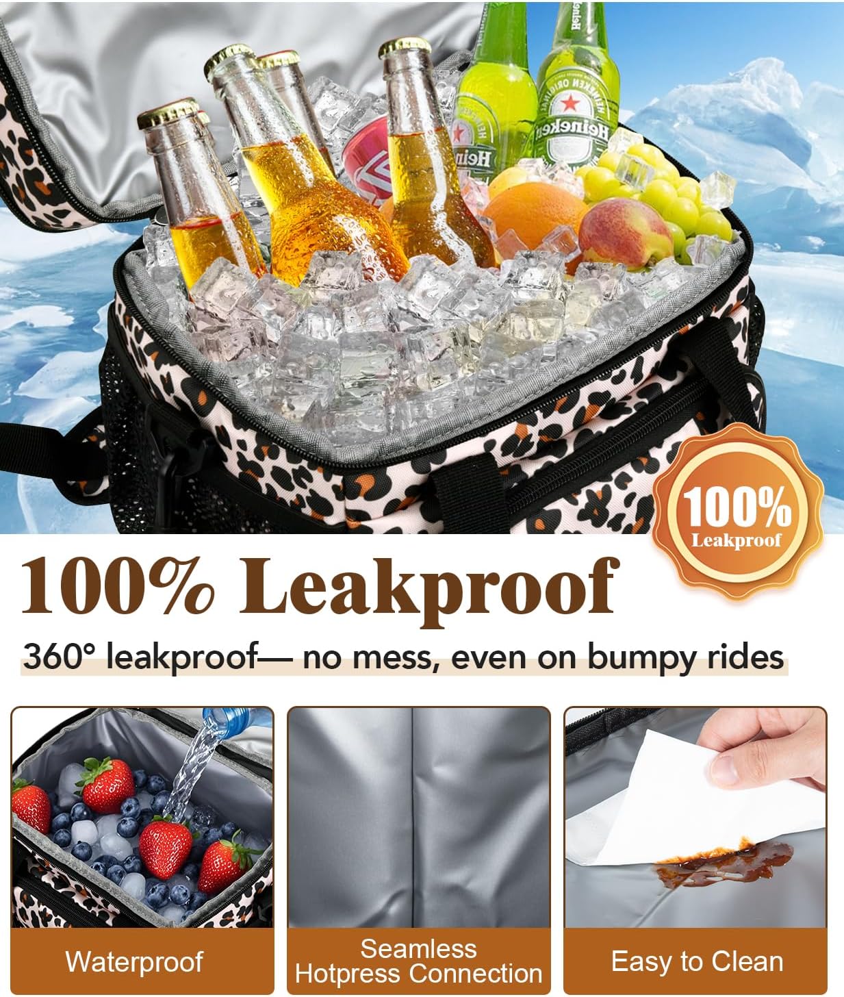 Insulated Lunch Bag for Women, Double Leakproof Lunch Box Soft Cooler Tote with 5 Pockets, 600D Oxford, EVA Lining, Adjustable Strap for Work, Picnic, Beach&Travel-Leopard Print - Image 2
