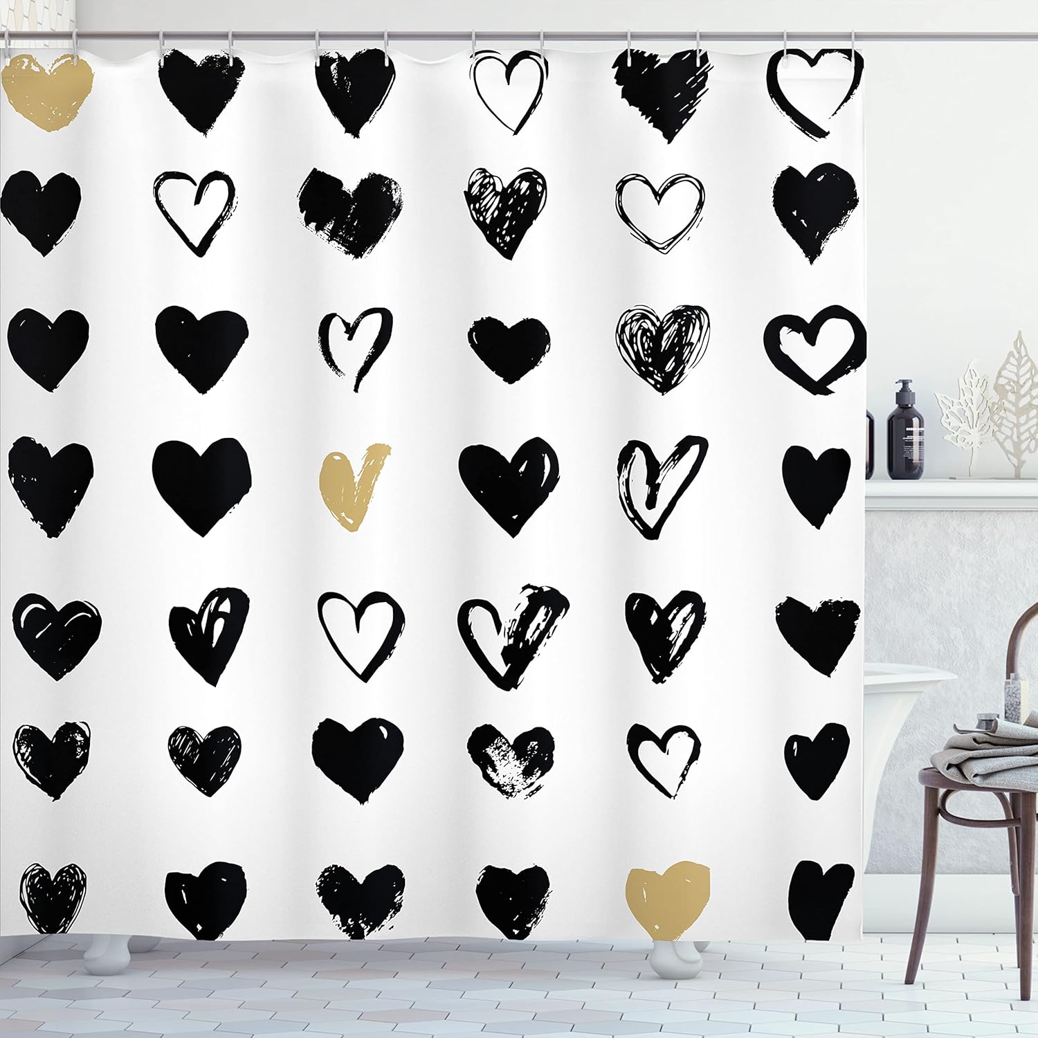 Ambesonne Love Shower Curtain, Small Heart Let Me Love You Hipster Liking Spouse Couples Design, Cloth Fabric Bathroom Decor Set with Hooks, 69" W x 75" L, Tan Black White