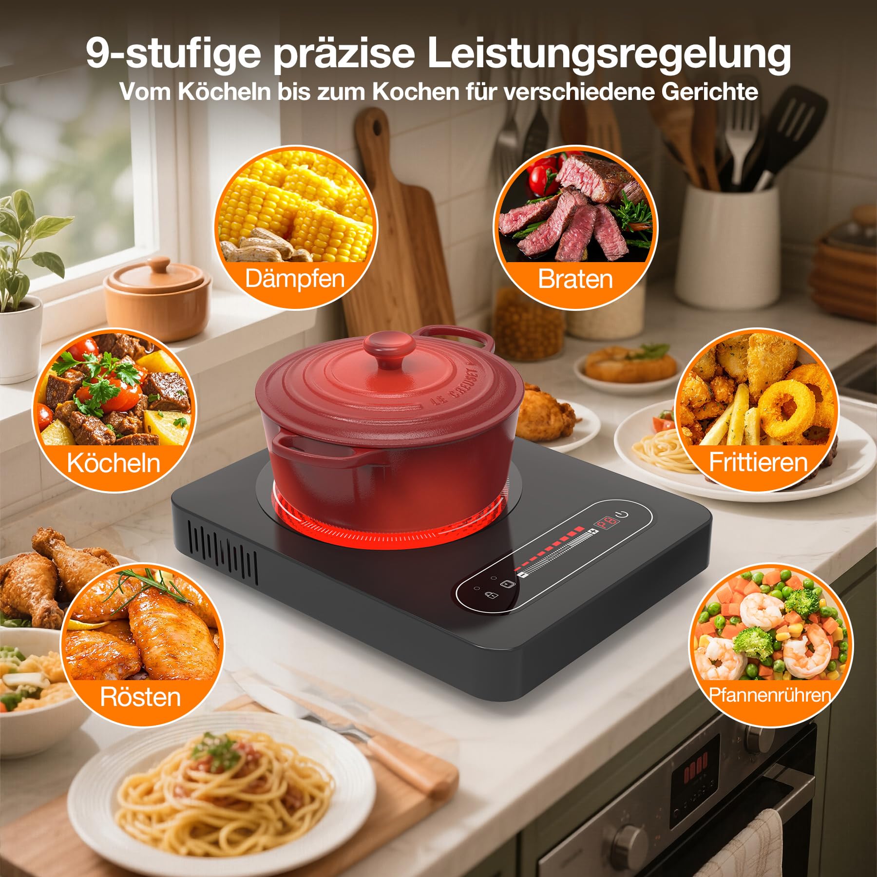 Glaskeramikkochfeld 1 Platte, 2000W Elektrische Einzelkochplatte 36 cm 220-240V mit Touch-Schieberegler, Kindersicherung & Timer - Tragbares Infrarotkochfeld für Wohnmobil, Zimmer, Singleküche