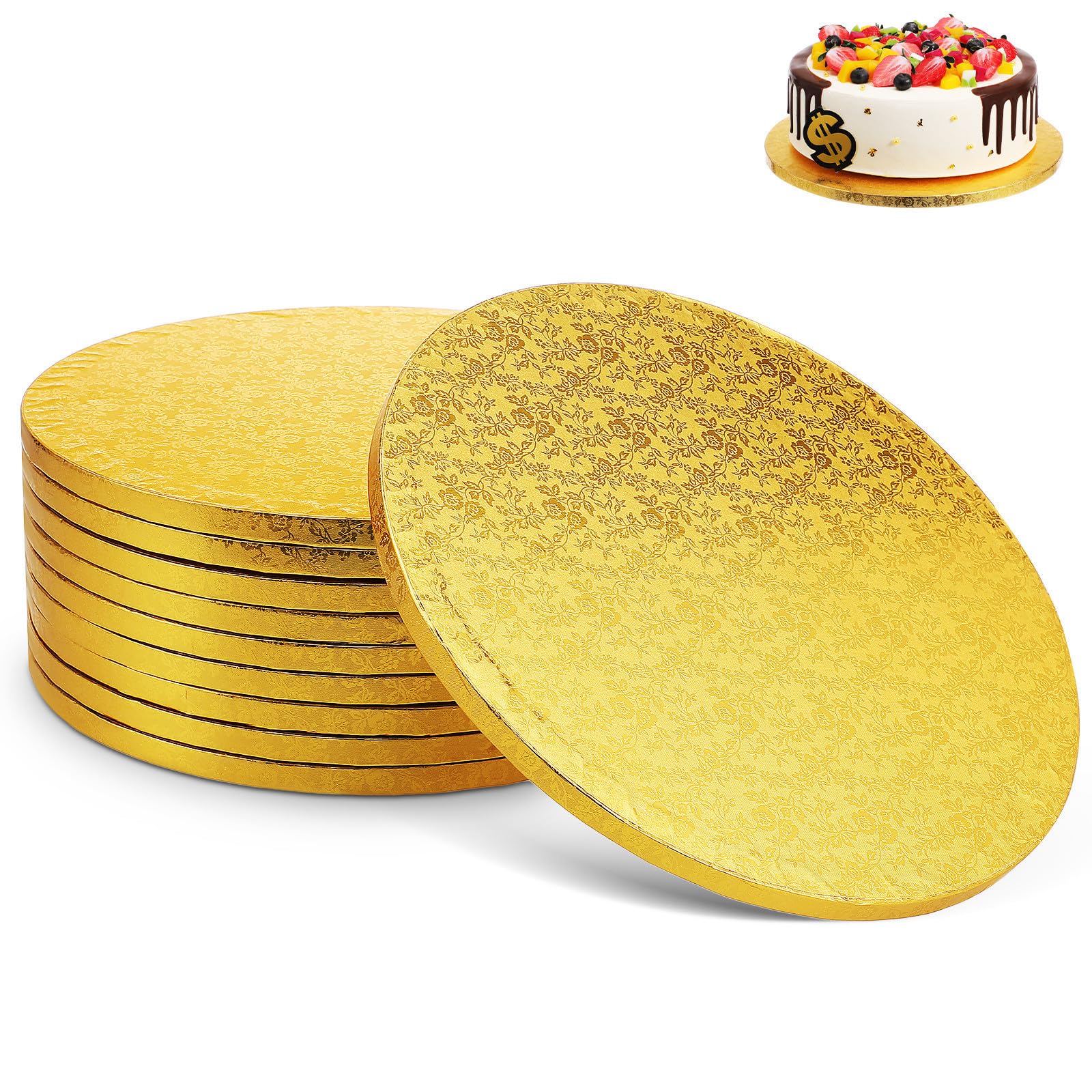 10 Pièces Plateau à Gâteaux Rond en Papier Or 12 Pouces, Support