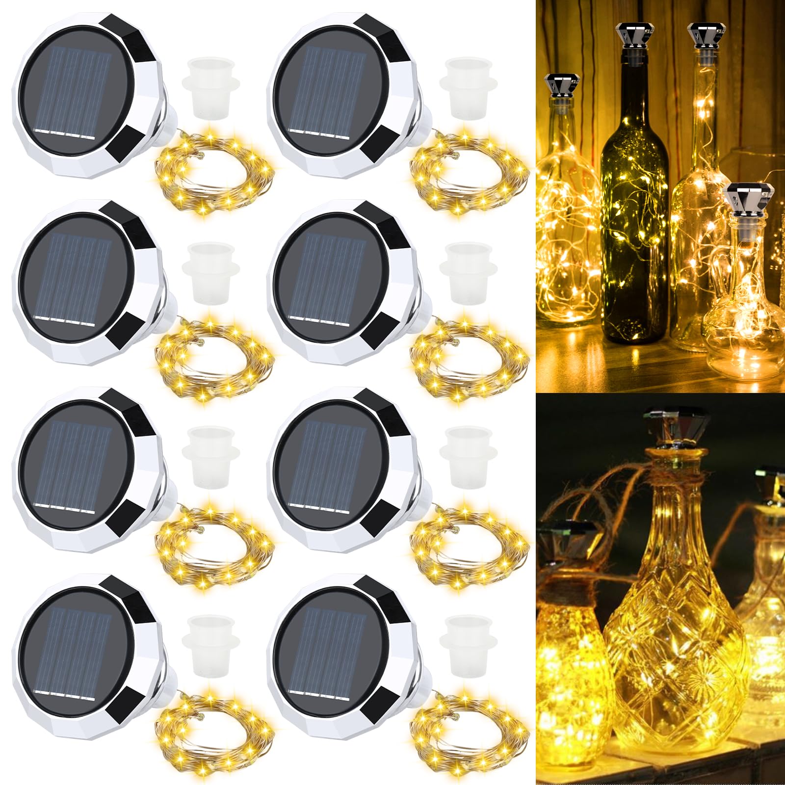 HIULLEN 8 Stück Solar Flaschen Licht, Solar LED Flaschenlichter, 2M 20LED Flaschenlichterkette Korken, Außen LED Korken Weinflasche Lichtkette für Flasche DIY, Party, Garten, Hochzeit Deko(Warmweiß)
