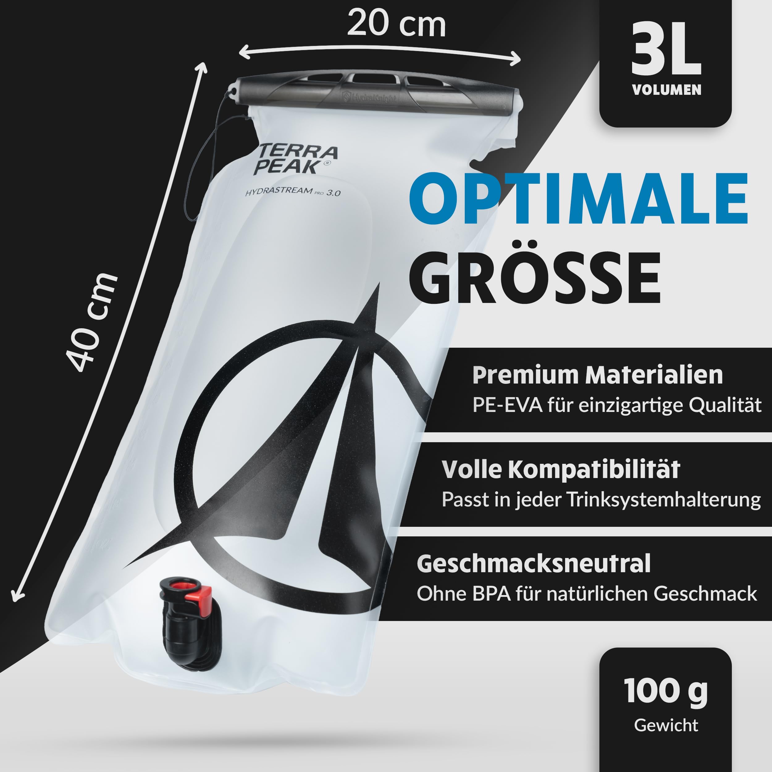 Terra Peak® Premium Trinkblase 2L oder 3L INKL. 2 x Schlauch & 1 x Reinigungsbürste für Rucksack, Wandern & Joggen (auslaufsicher) - Ergonomisches Trinksystem mit Mundstück & Schutzkappe (BPA-Frei)