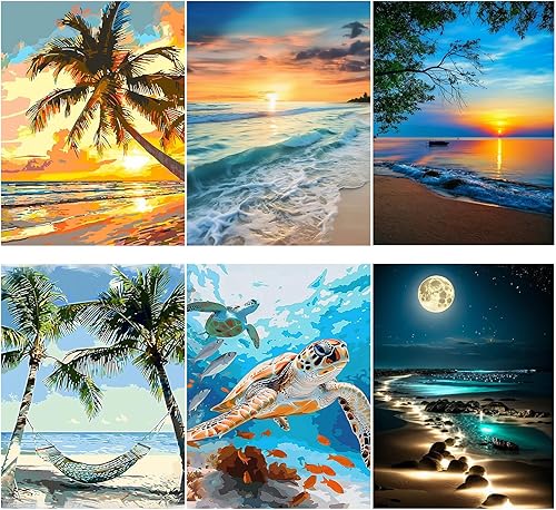 Paquete de 6 kits de pintura de diamantes para adultos, kits de arte de diamantes de tortuga marina de playa para principiantes, pintura 5D con