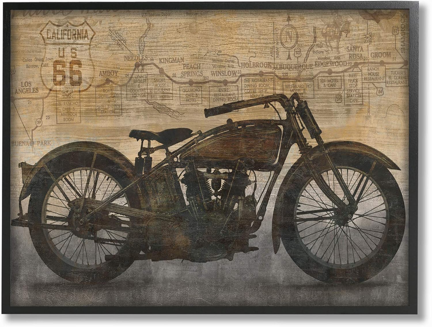 The Stupell Home Décor Collection Tan and Black Sepia Motorcycle with Faded Road Map Framed Giclee Texturized Art, Multi-Color