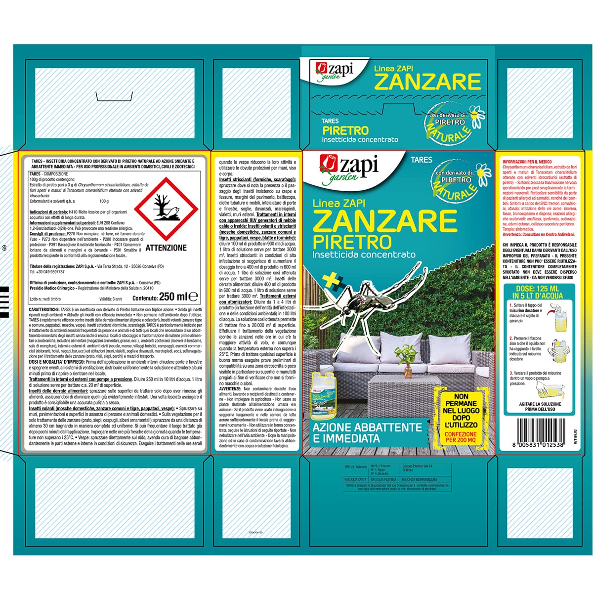Zapi Garden | Insetticida Concentrato PIRETRO Azione Abbattente per Zanzare in Ambienti Domestici e Sensibili, Ideale contro Mosche, Formiche e Scarafaggi, 250ml